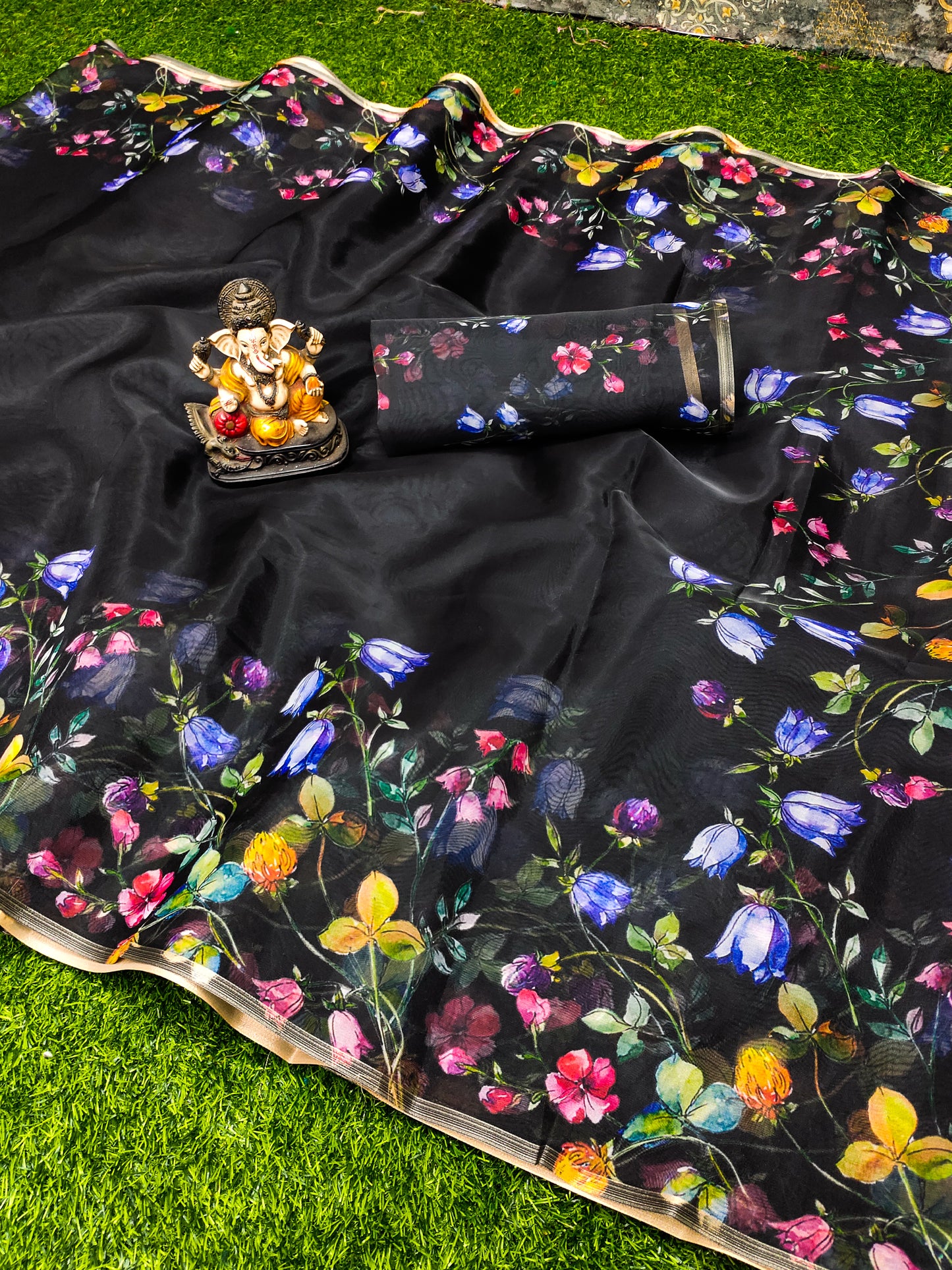 Black Kesariya Organza Digital Print Soft Shiny Art Silk Saree With Inspired Gold Border