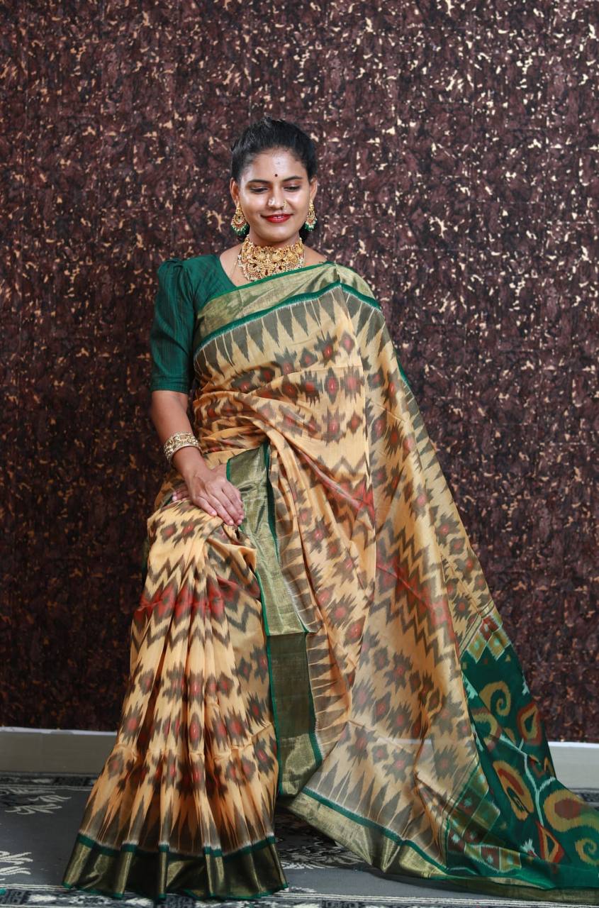 Lemon Yellow Pramila Patola Digital Print With Golden Weaving Border & Digital Printed Ikkat Design Pallu
