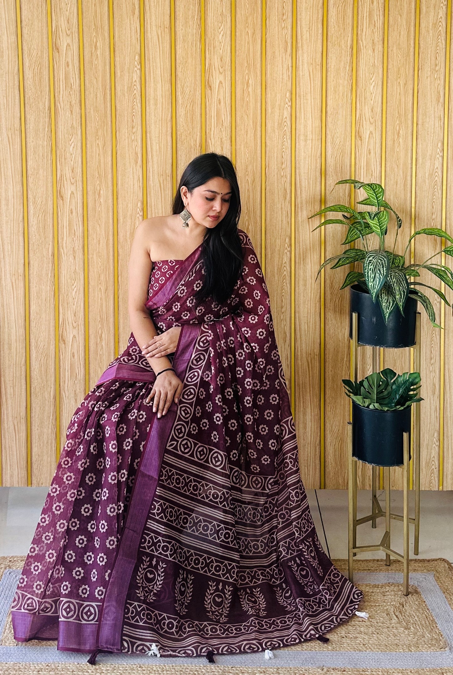 Wine Aarya-3 Soft Linen Cotton Digital Print Sarees With Batik Print With Silver Border