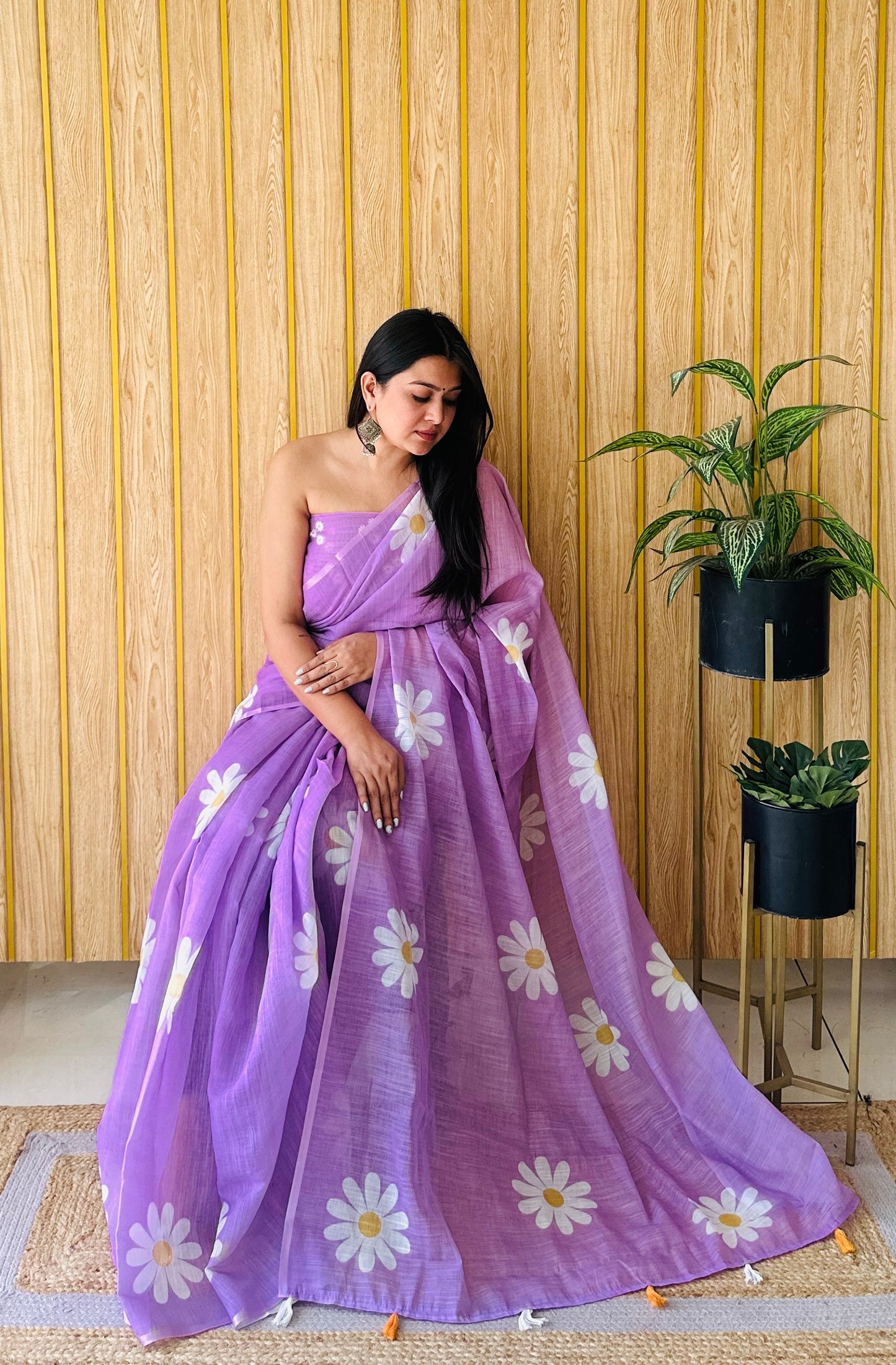 Purple Champa-1 Soft Linen Cotton Digital Print Sarees With Flower Print & Printed Pallu