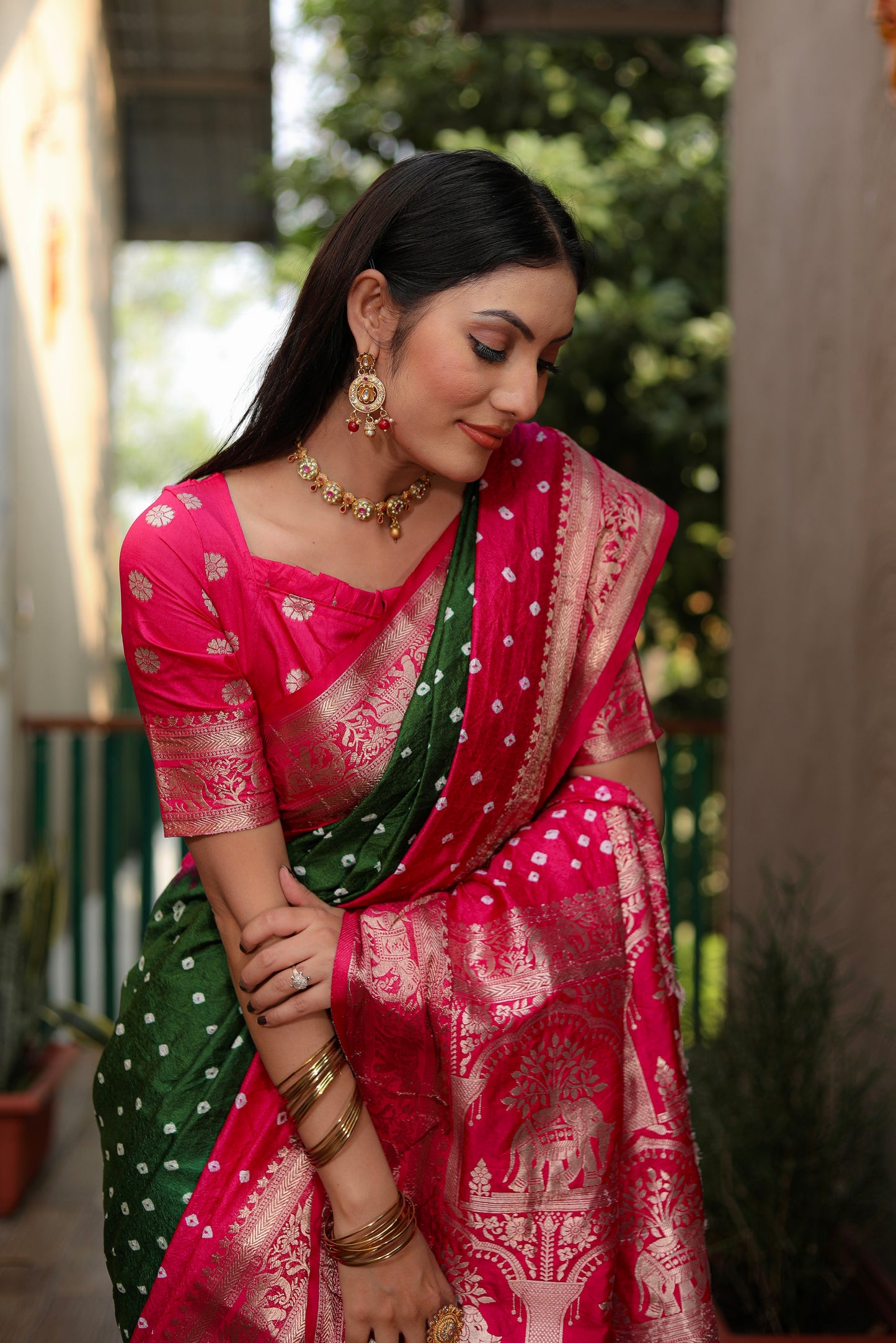 Pink Vahini Pure Bandhej Silk Saree With Bandhej Border & Zari Weaving Rich Tissue Pallu