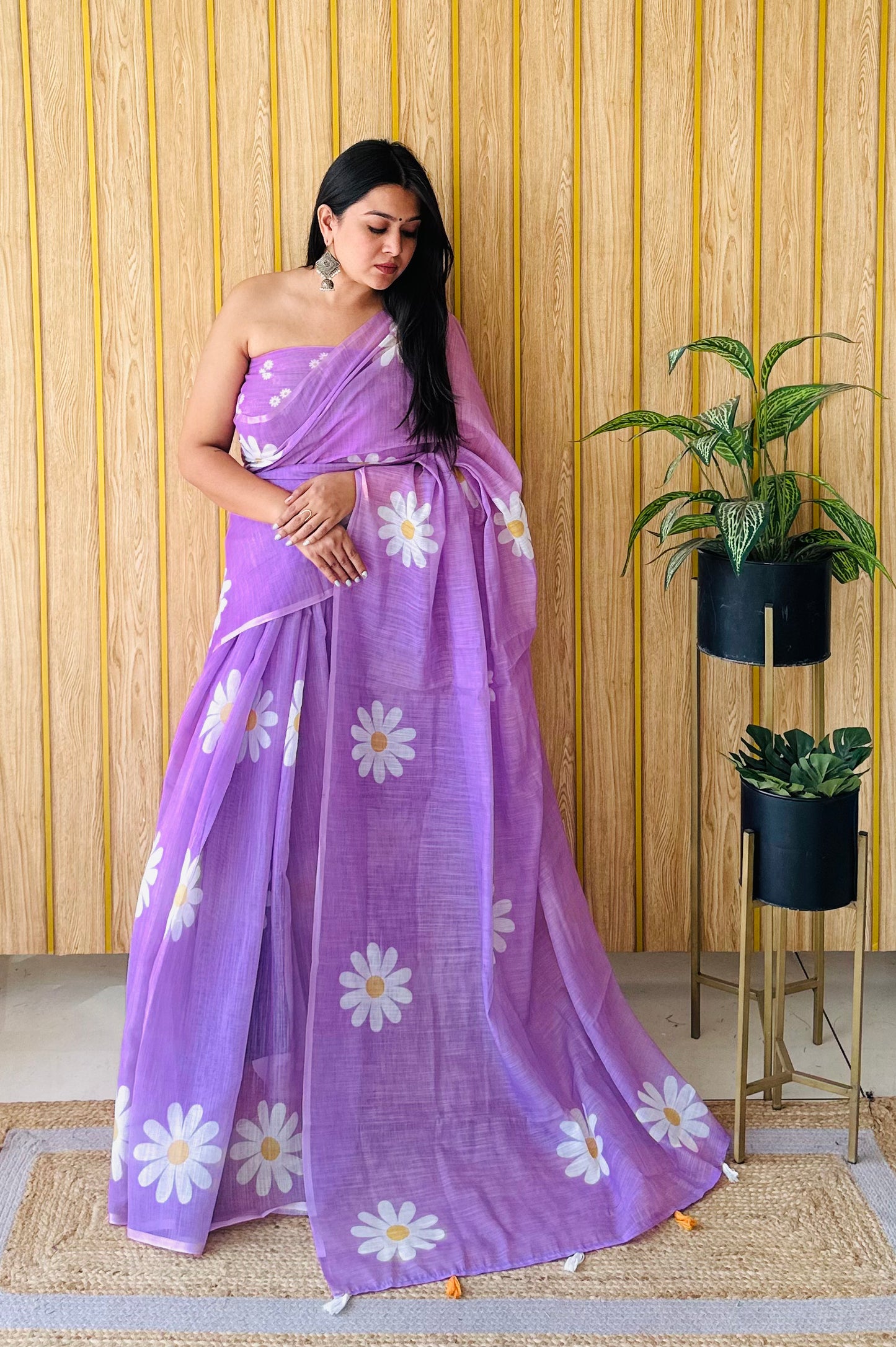 Purple Champa-1 Soft Linen Cotton Digital Print Sarees With Flower Print & Printed Pallu