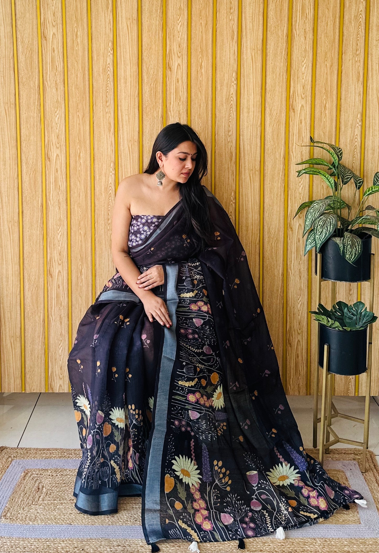 Black Ritika Soft Linen Cotton Digital Print Saree With Batik Print With Silver Border