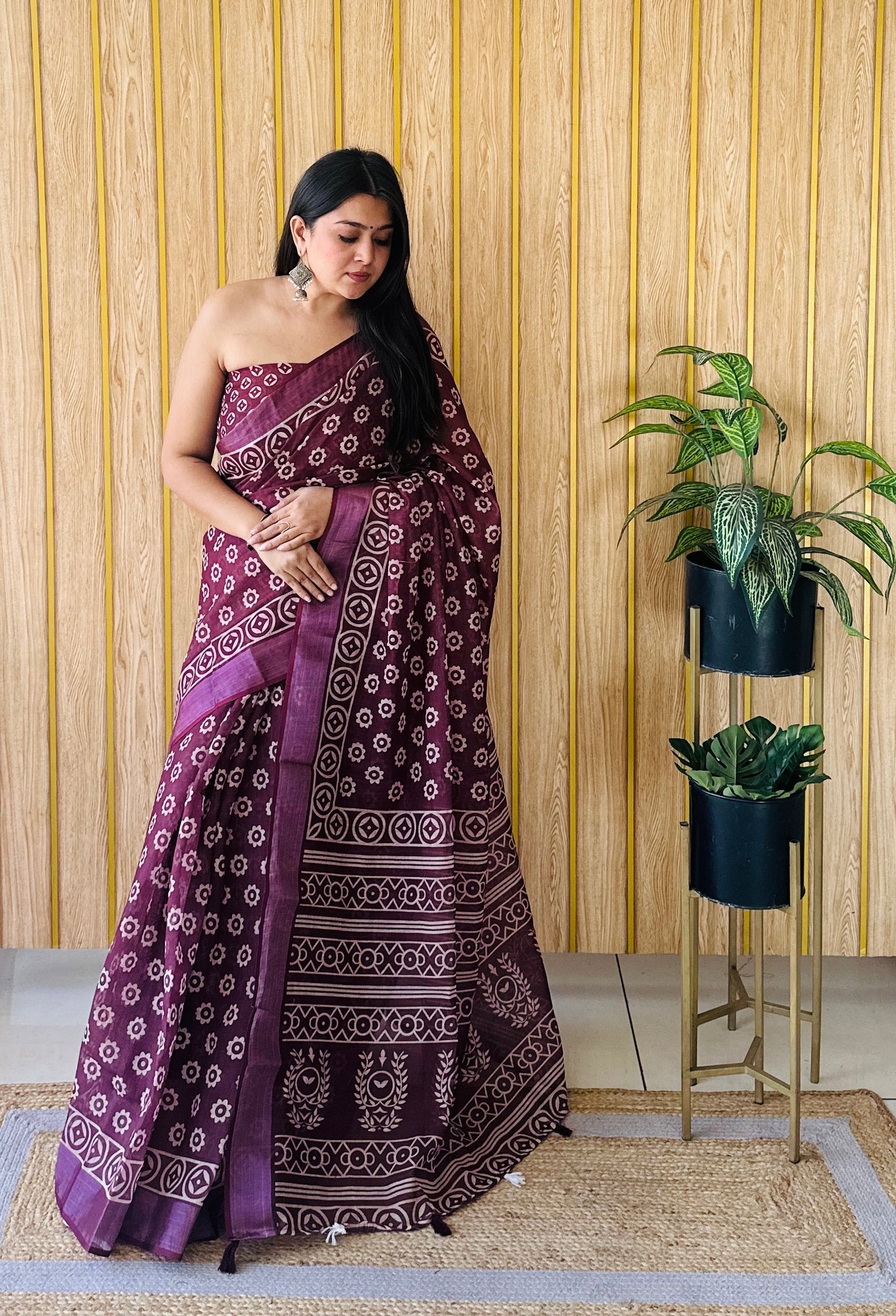 Wine Aarya-3 Soft Linen Cotton Digital Print Sarees With Batik Print With Silver Border