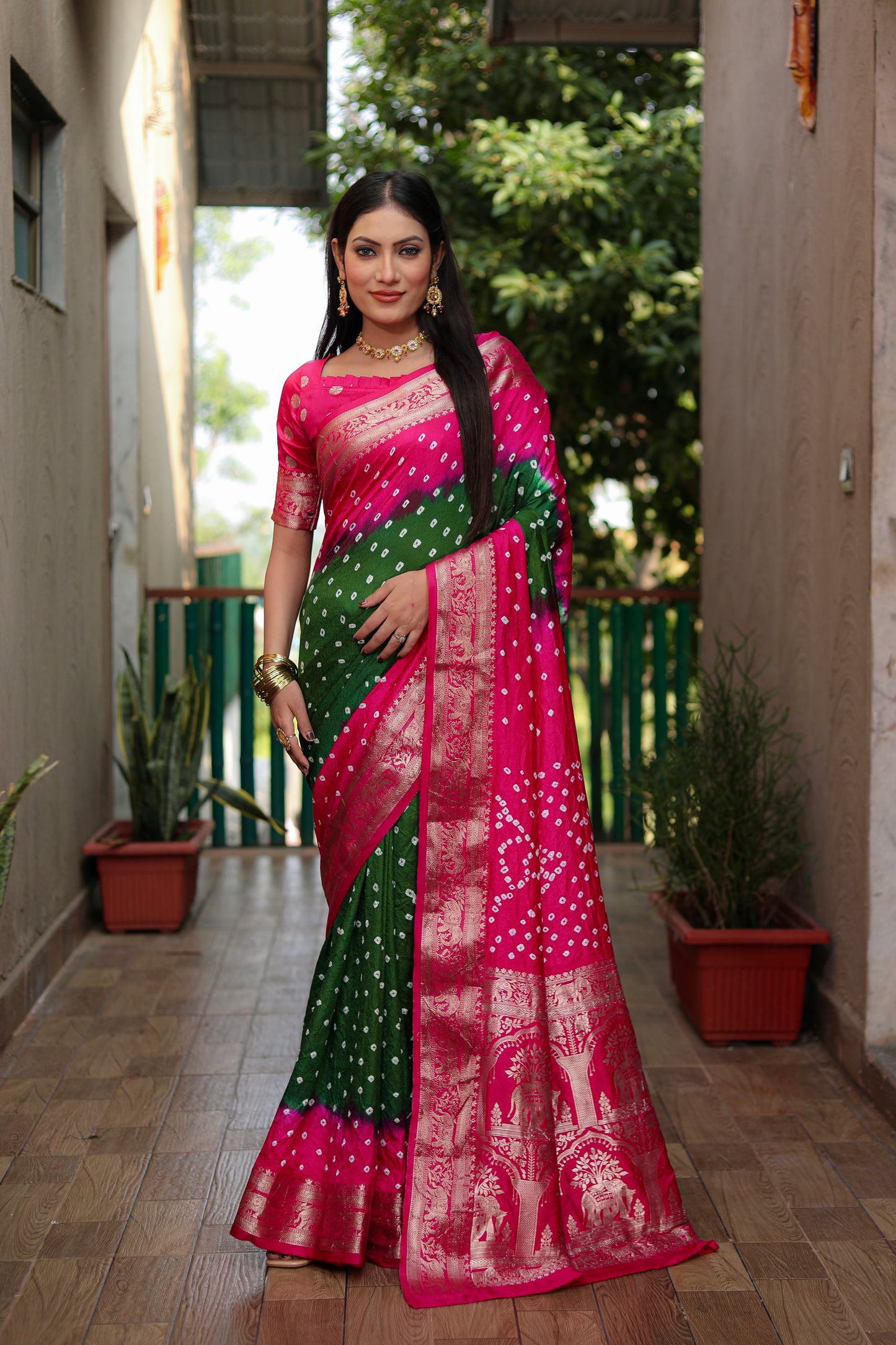 Pink Vahini Pure Bandhej Silk Saree With Bandhej Border & Zari Weaving Rich Tissue Pallu