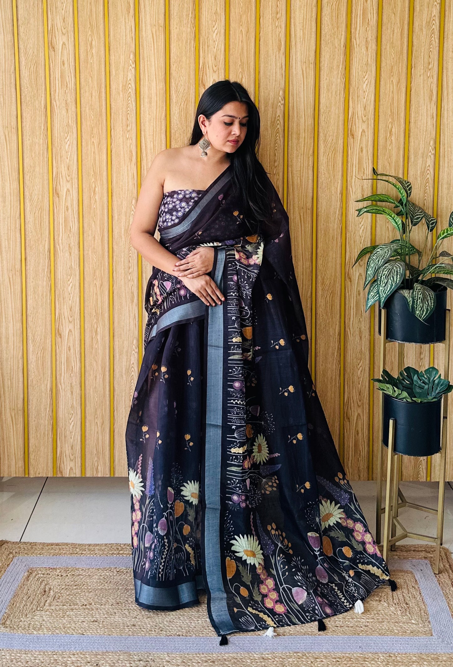 Black Ritika Soft Linen Cotton Digital Print Saree With Batik Print With Silver Border
