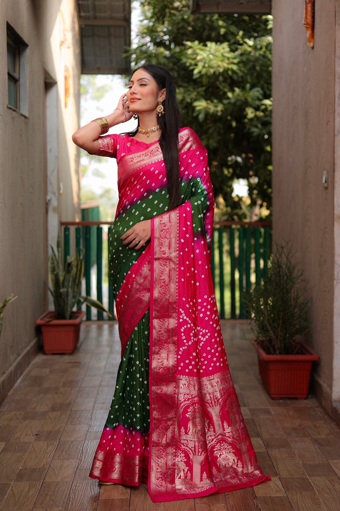 Pink Vahini Pure Bandhej Silk Saree With Bandhej Border & Zari Weaving Rich Tissue Pallu