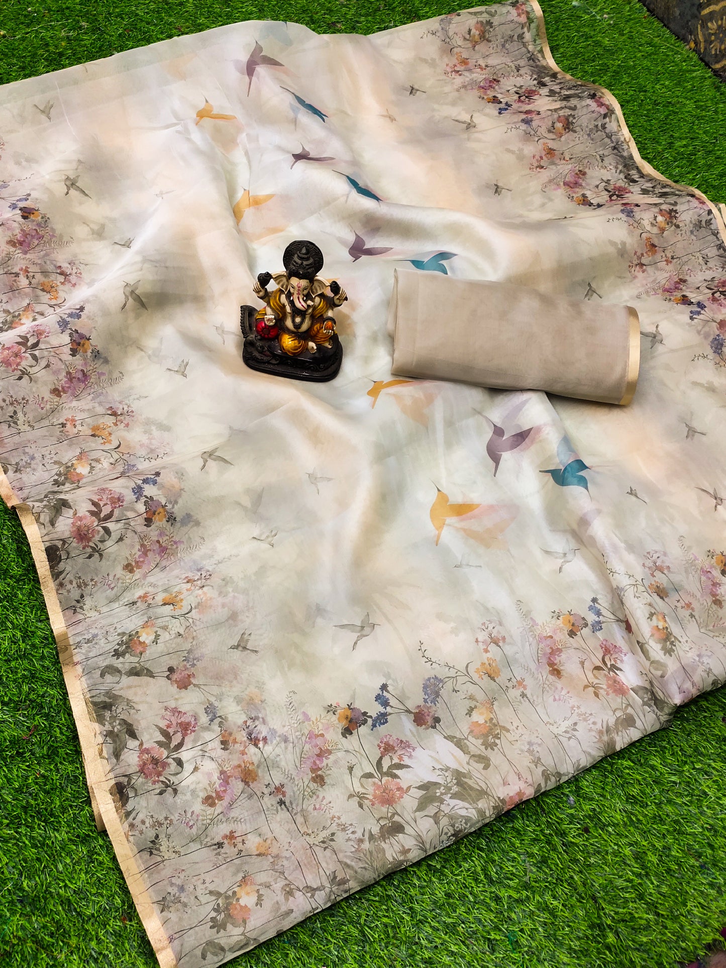 Beige Color Mumtaz Organza Digital Print Soft Shiny Art Silk Saree With Inspired Gold Border