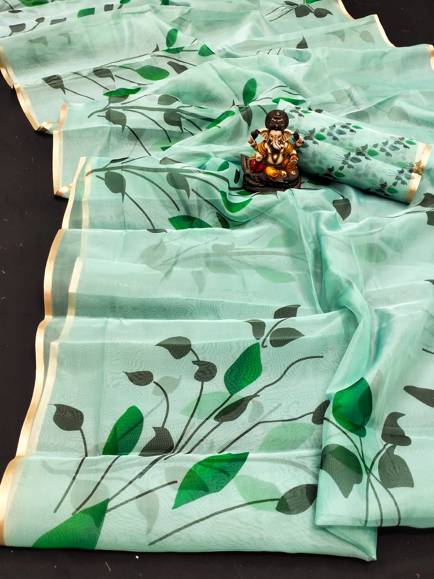 Green Vrinda Organza Digital Print Soft Shiny Art Silk Saree With Inspired Gold Border