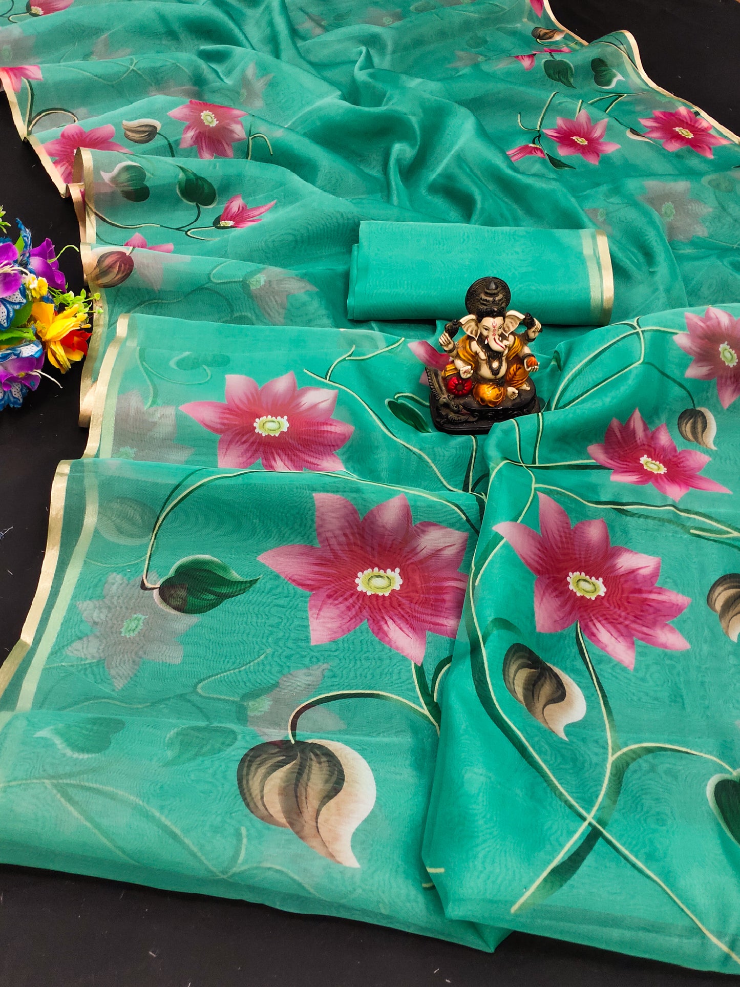 Rama Shehnaz Organza Digital Print Soft Shiny Art Silk Saree With Inspired Gold Border