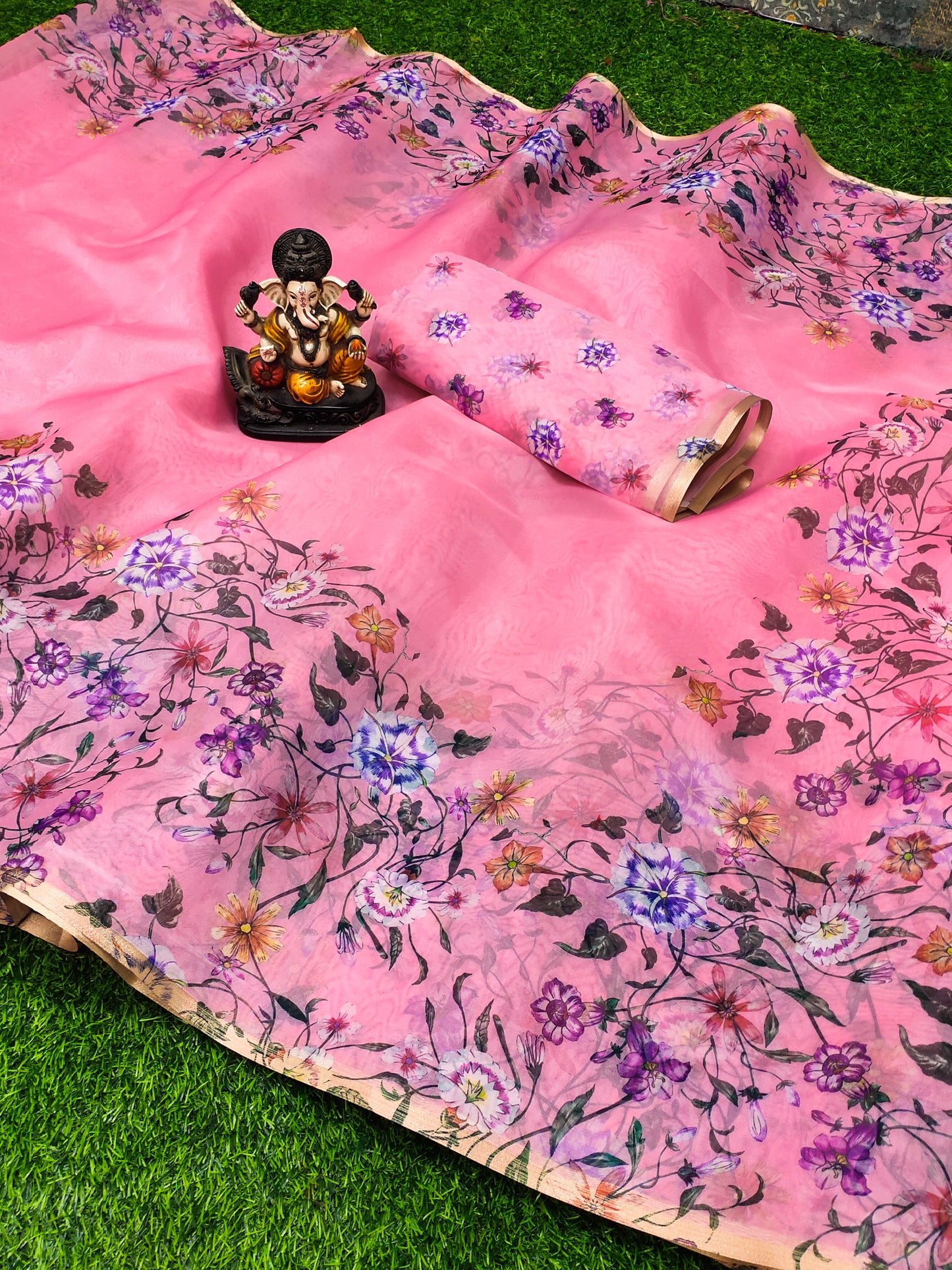 Pink Kesariya Organza Digital Print Soft Shiny Art Silk Saree With Inspired Gold Border