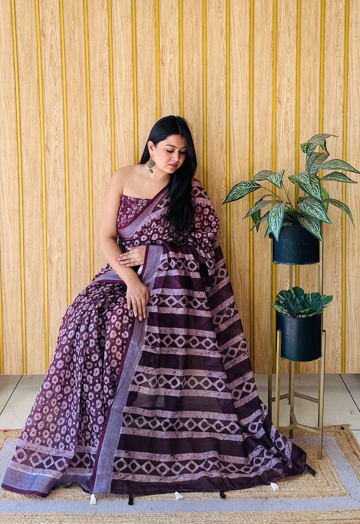 Brown Aarya-1 Soft Linen Cotton Digital Print Sarees With Batik Print With Silver Border