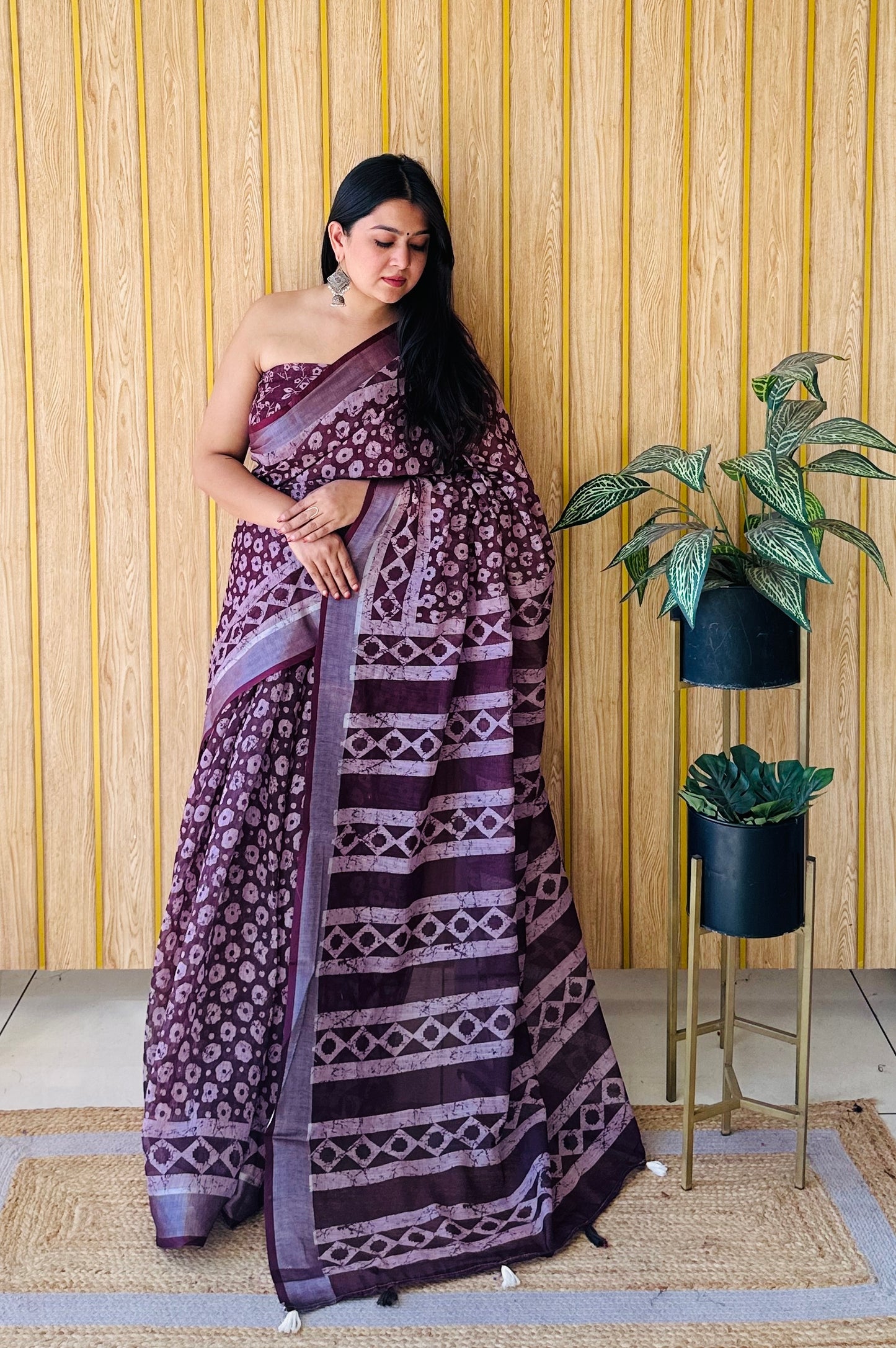 Brown Aarya-1 Soft Linen Cotton Digital Print Sarees With Batik Print With Silver Border