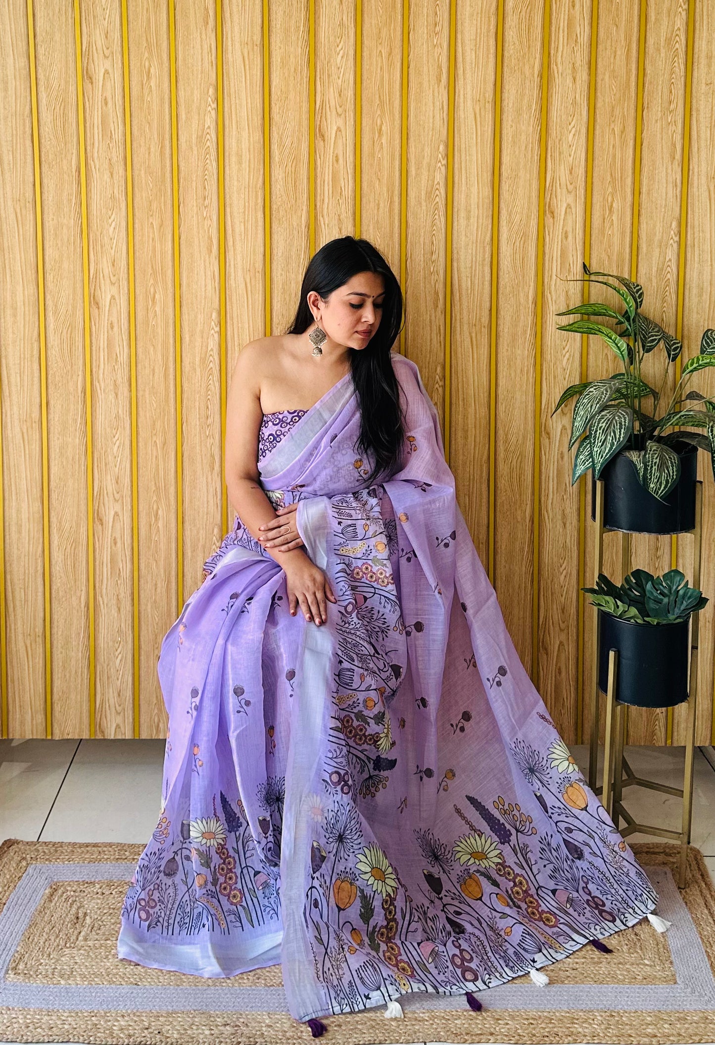 Purple Ritika Soft Linen Cotton Digital Print Saree With Batik Print With Silver Border