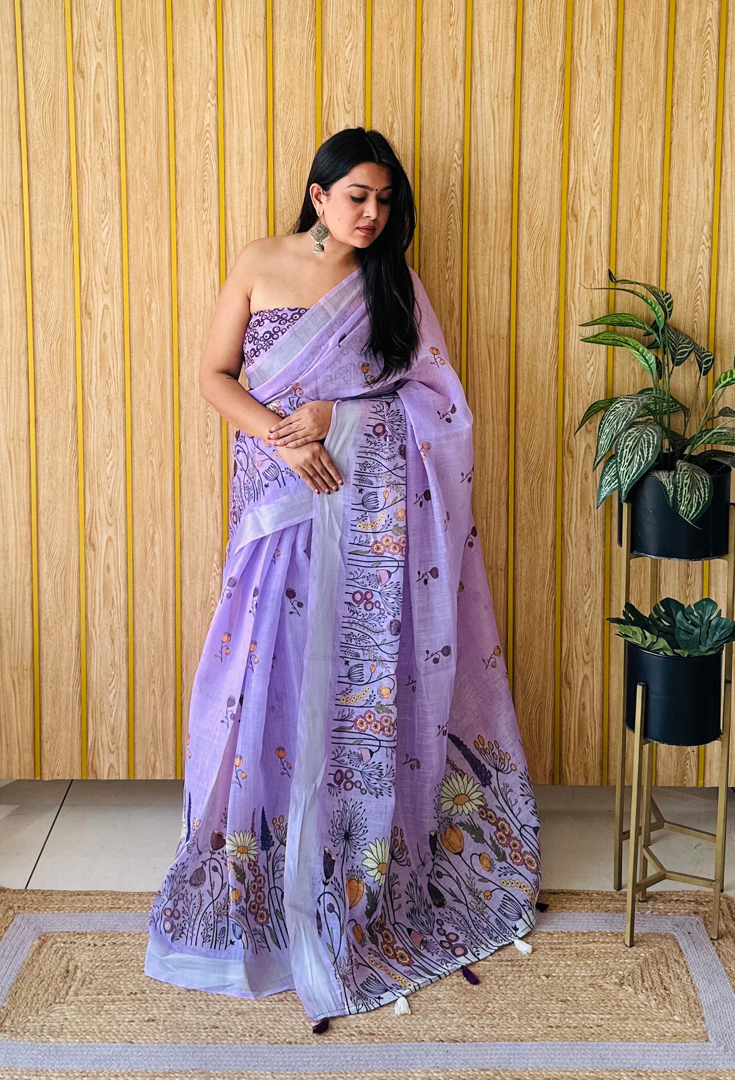 Purple Ritika Soft Linen Cotton Digital Print Saree With Batik Print With Silver Border