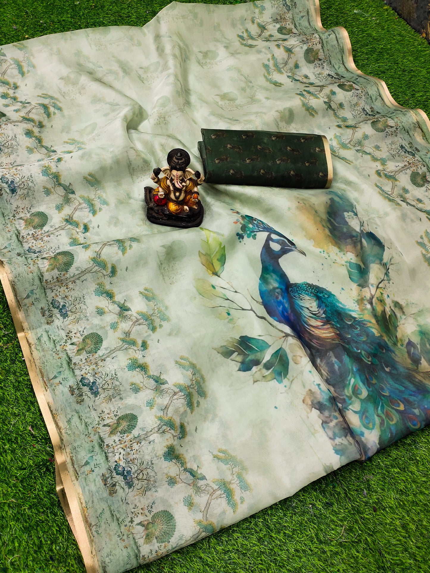 Multicolor Mumtaz Organza Digital Print Soft Shiny Art Silk Saree With Inspired Gold Border