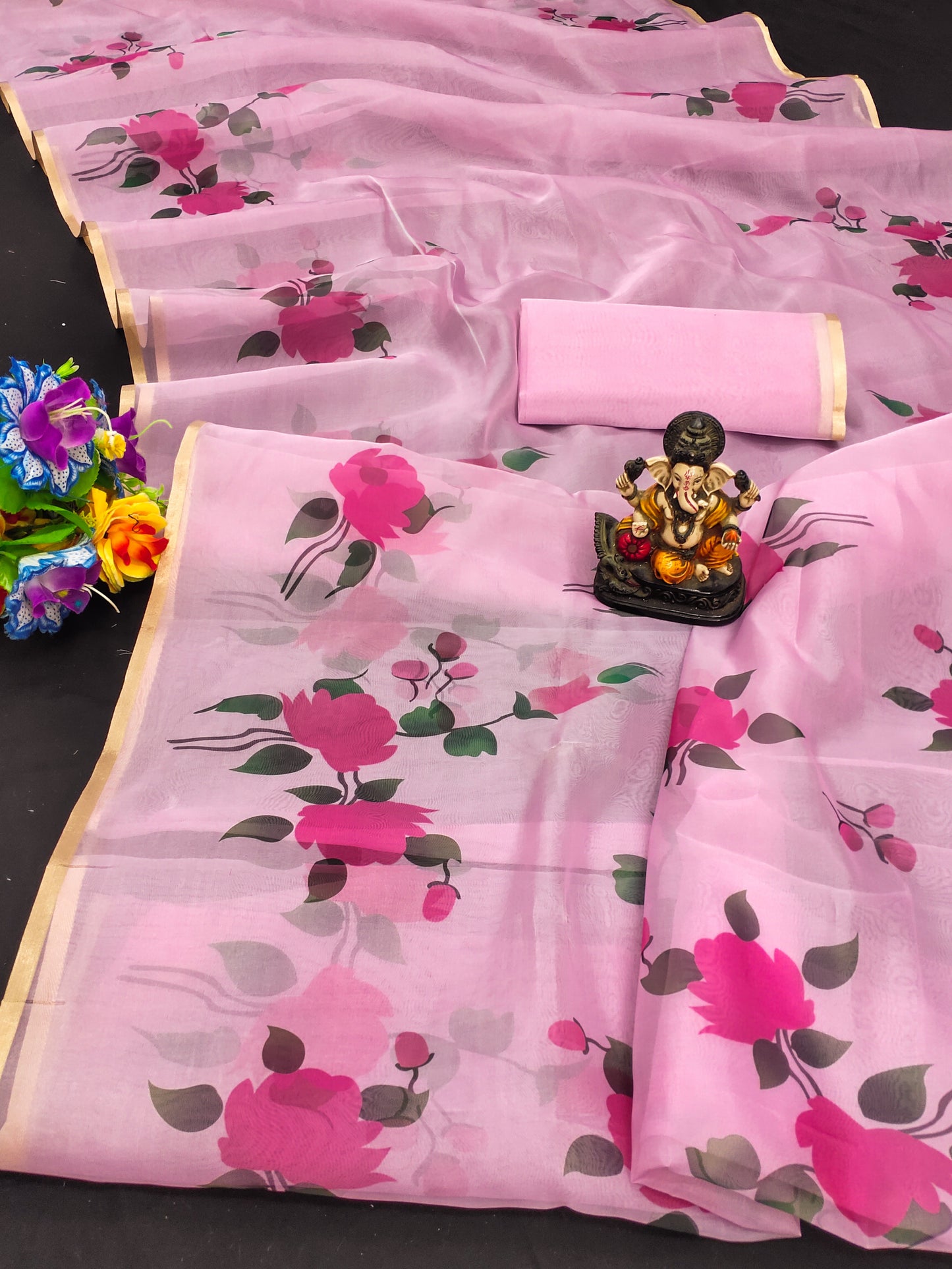 Pink Shehnaz Organza Digital Print Soft Shiny Art Silk Saree With Inspired Gold Border