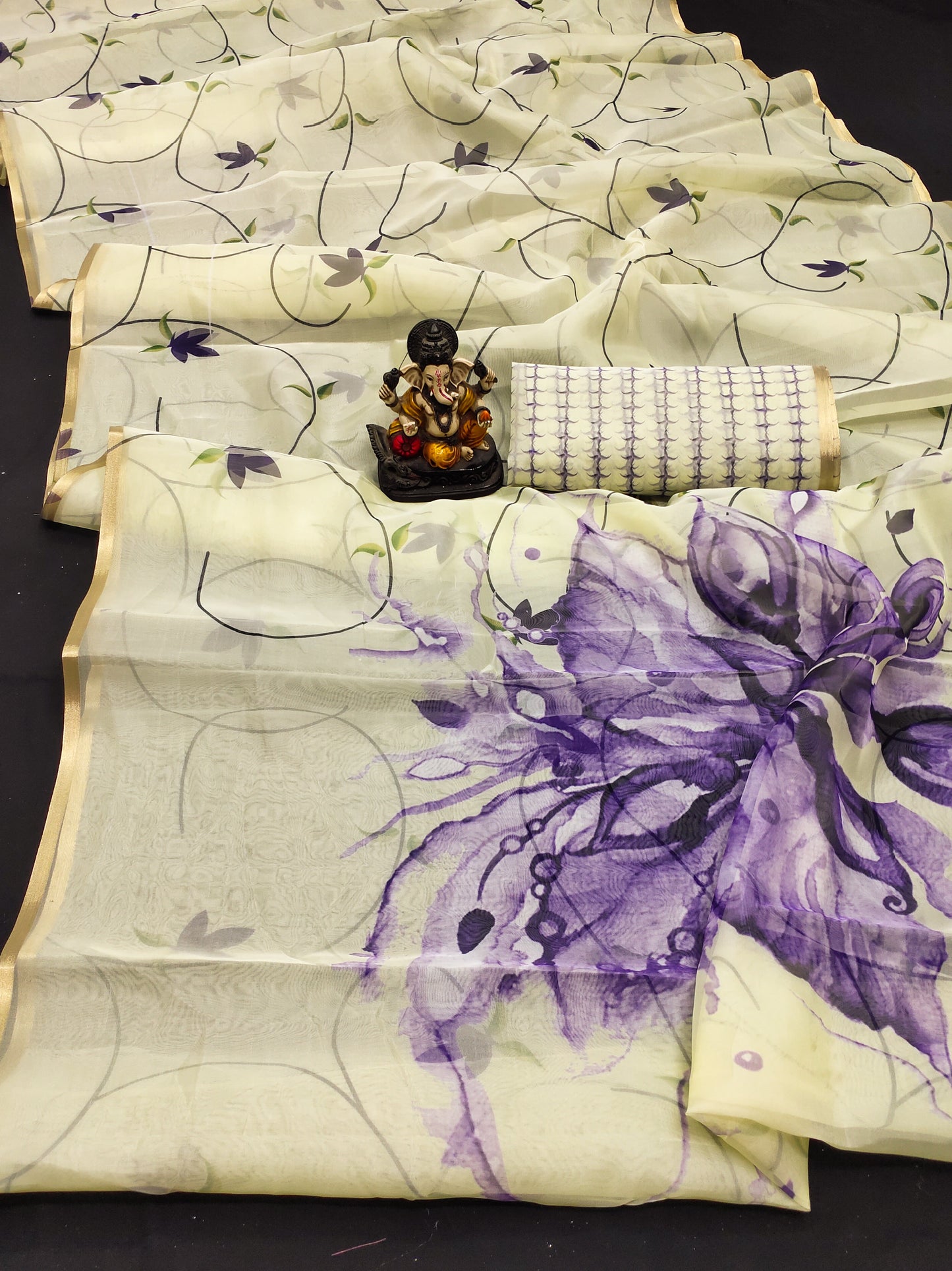 Beige Vrinda Organza Digital Print Soft Shiny Art Silk Saree With Inspired Gold Border