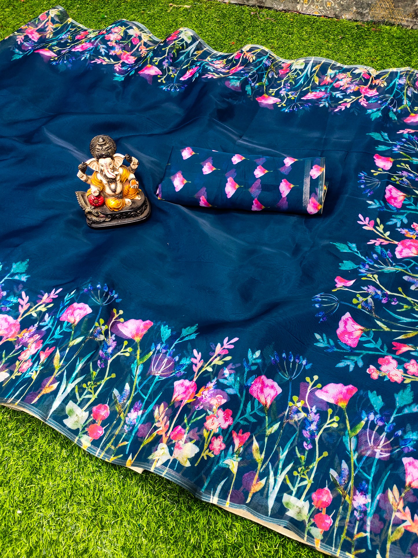 Navy Blue Kesariya Organza Digital Print Soft Shiny Art Silk Saree With Inspired Gold Border