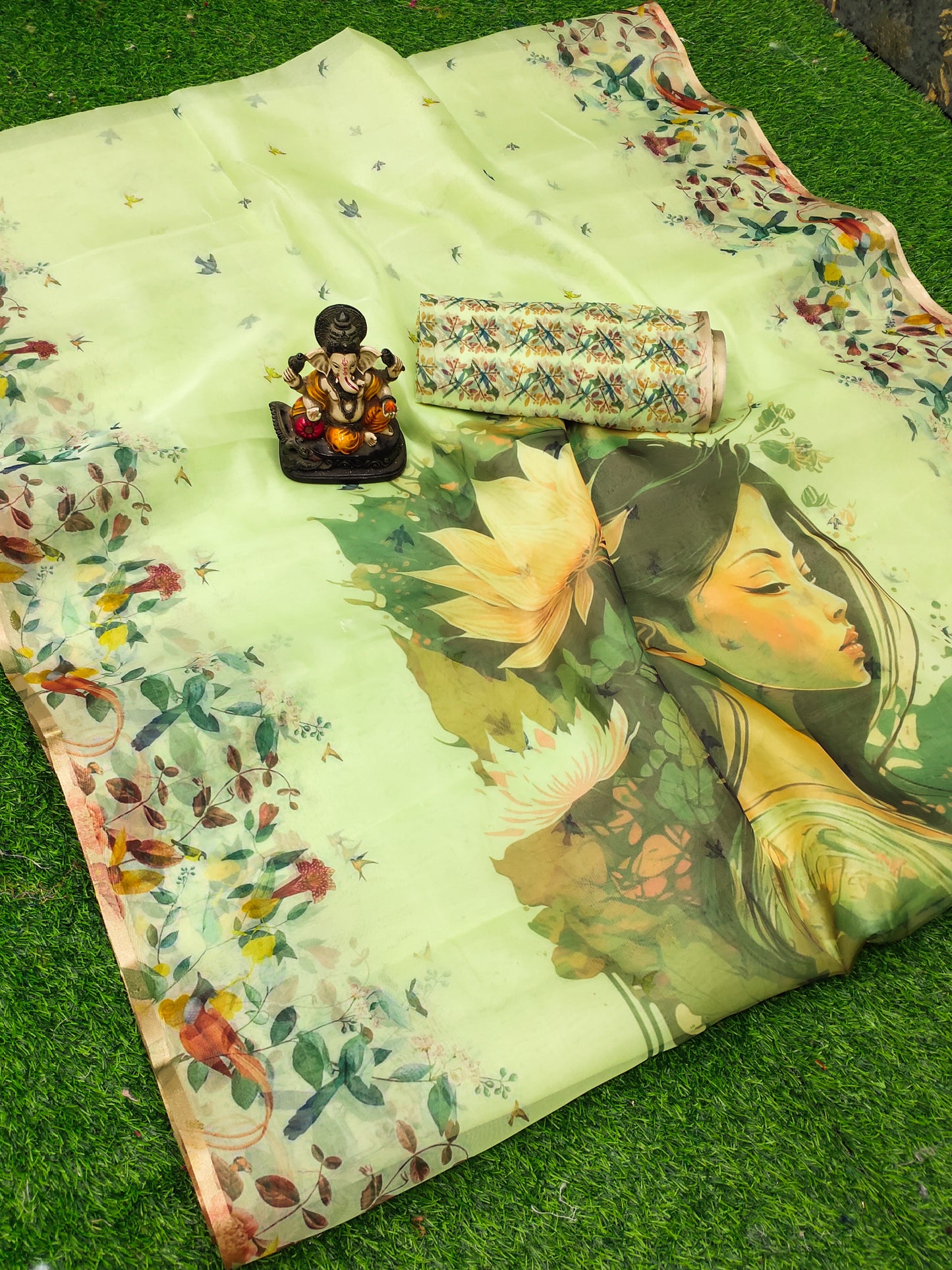 Parrot Mumtaz Organza Digital Print Soft Shiny Art Silk Saree With Inspired Gold Border
