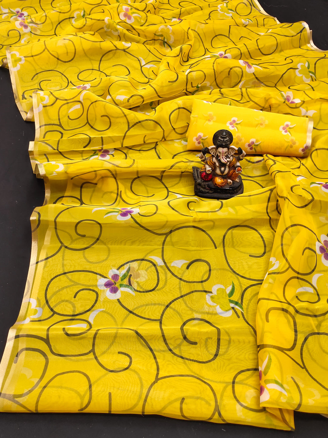 Yellow Vrinda Organza Digital Print Soft Shiny Art Silk Saree With Inspired Gold Border