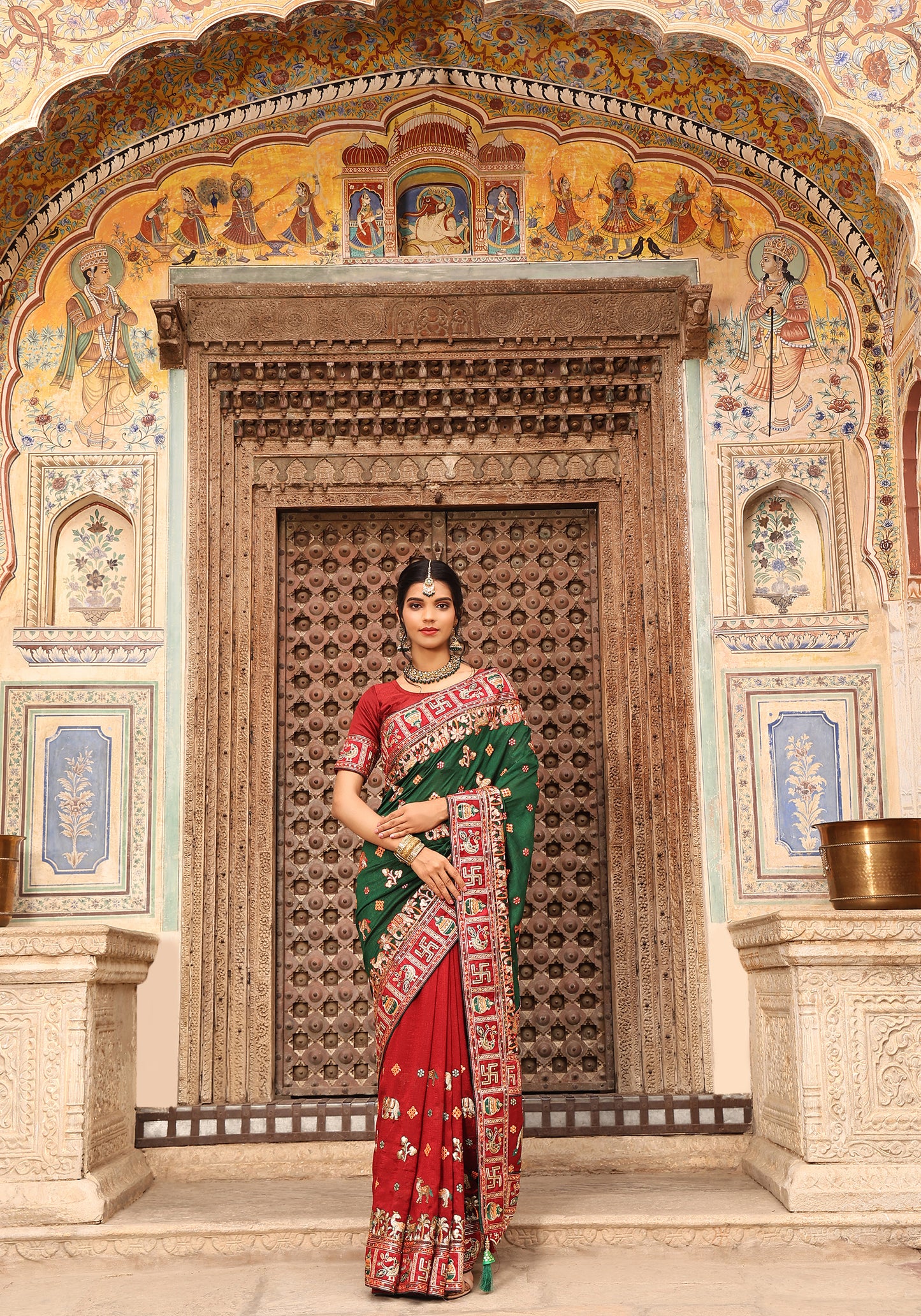 Maroon Green Colour Embroiderd Panter Patola Saree For Special Occasion