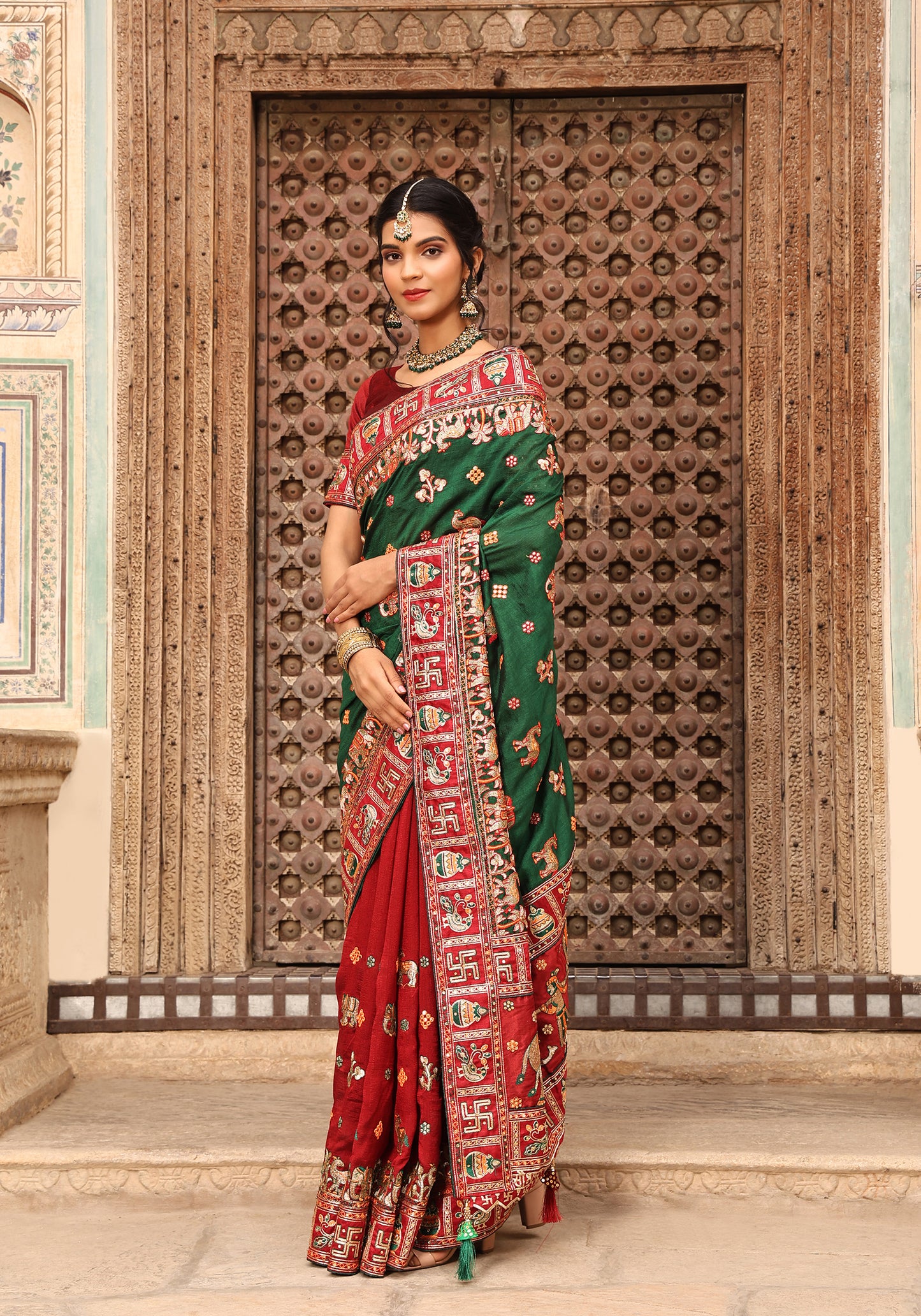 Maroon Green Colour Embroiderd Panter Patola Saree For Special Occasion