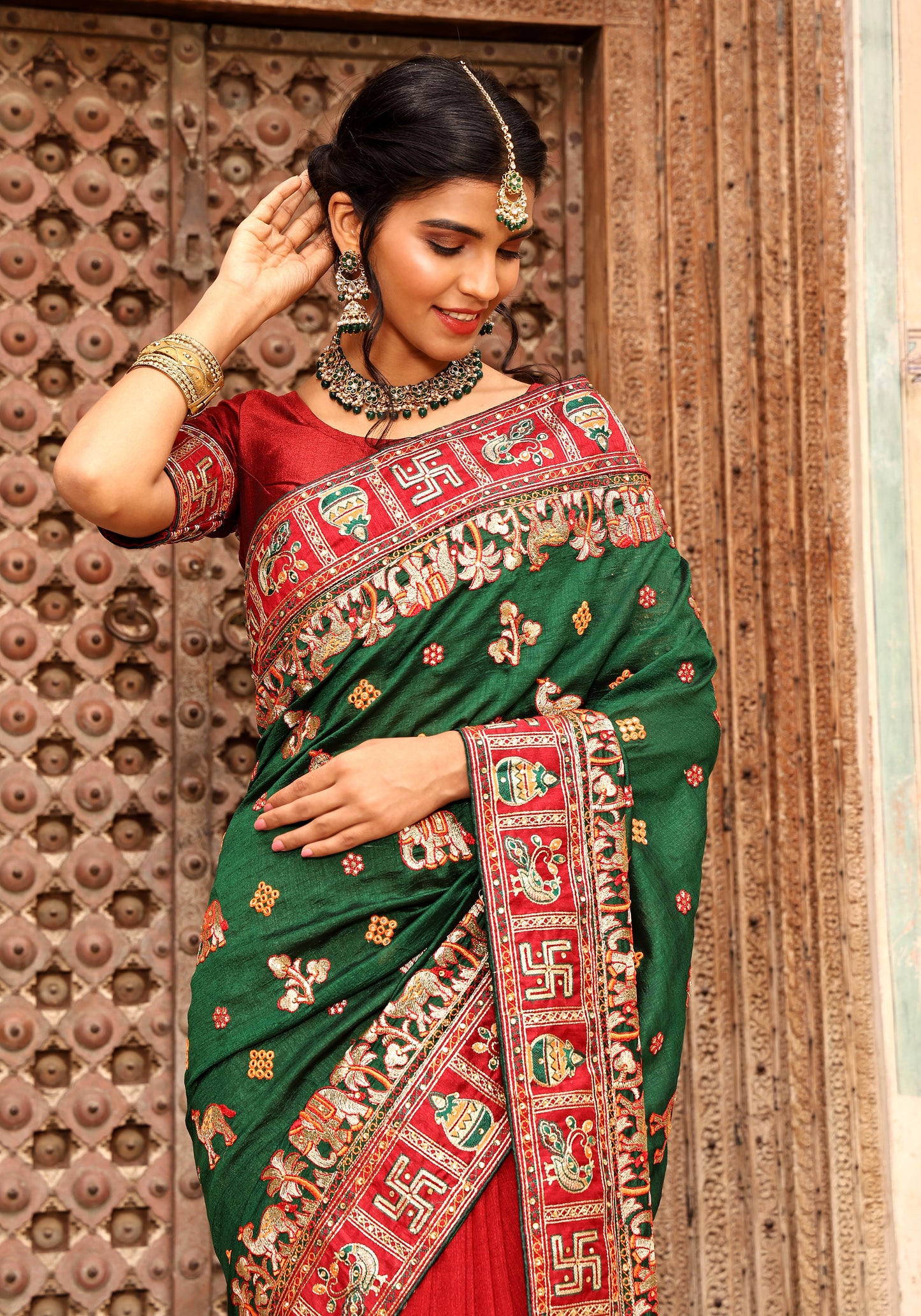 Maroon Green Colour Embroiderd Panter Patola Saree For Special Occasion
