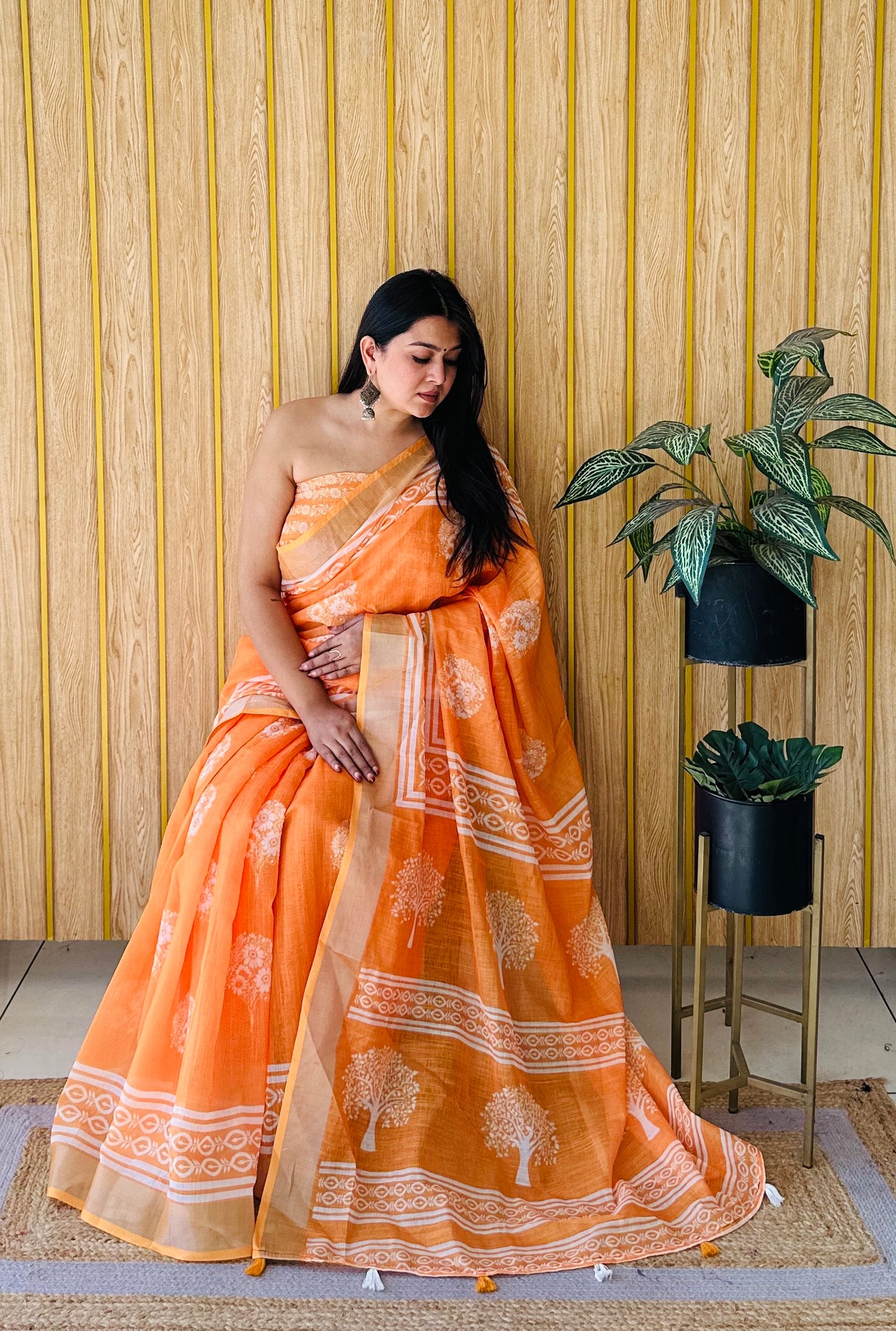 Lime Orange Aarya-1 Soft Linen Cotton Digital Print Sarees With Batik Print With Silver Border