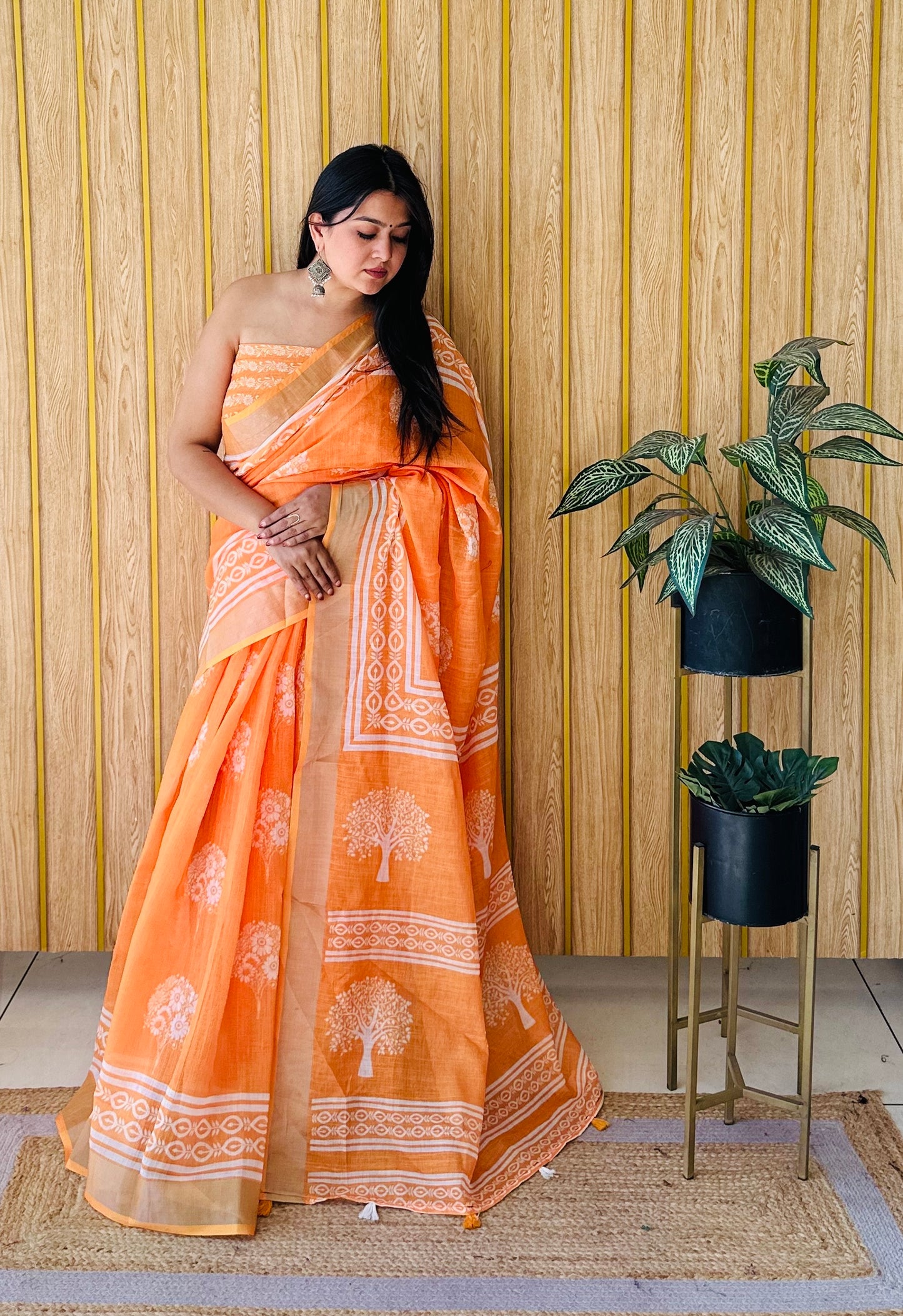 Lime Orange Aarya-1 Soft Linen Cotton Digital Print Sarees With Batik Print With Silver Border