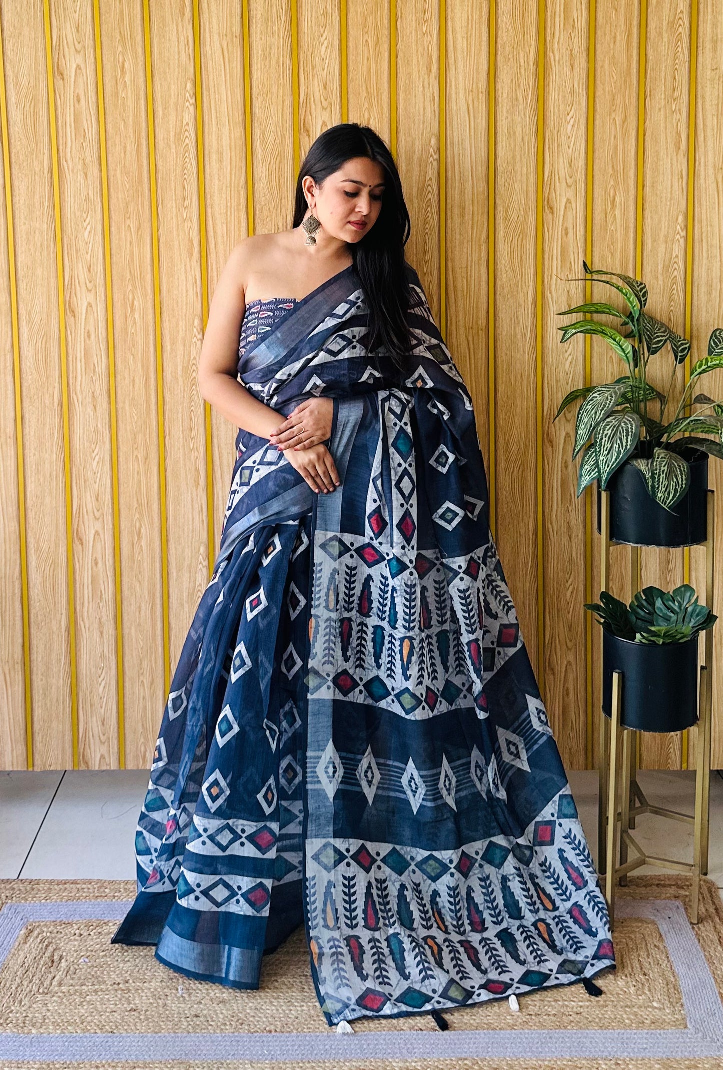 Navy Blue Khushboo Soft Linen Cotton Digital Print Sarees With Batik Print With Silver Border