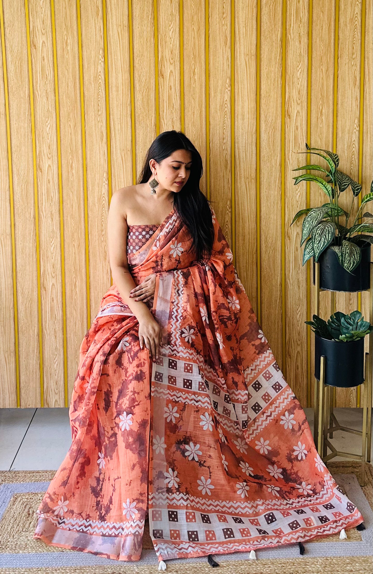Orange Khushboo Soft Linen Cotton Digital Print Sarees With Batik Print With Silver Border