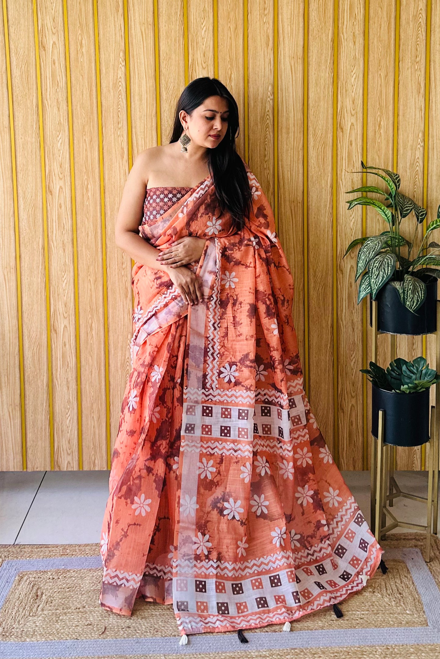 Orange Khushboo Soft Linen Cotton Digital Print Sarees With Batik Print With Silver Border