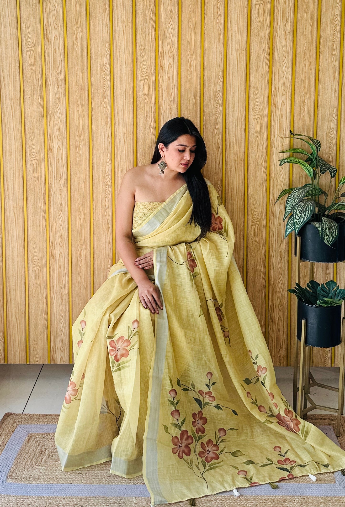 Yellow Namrata Soft Linen Cotton Digital Print Sarees With Batik Print With Silver Border