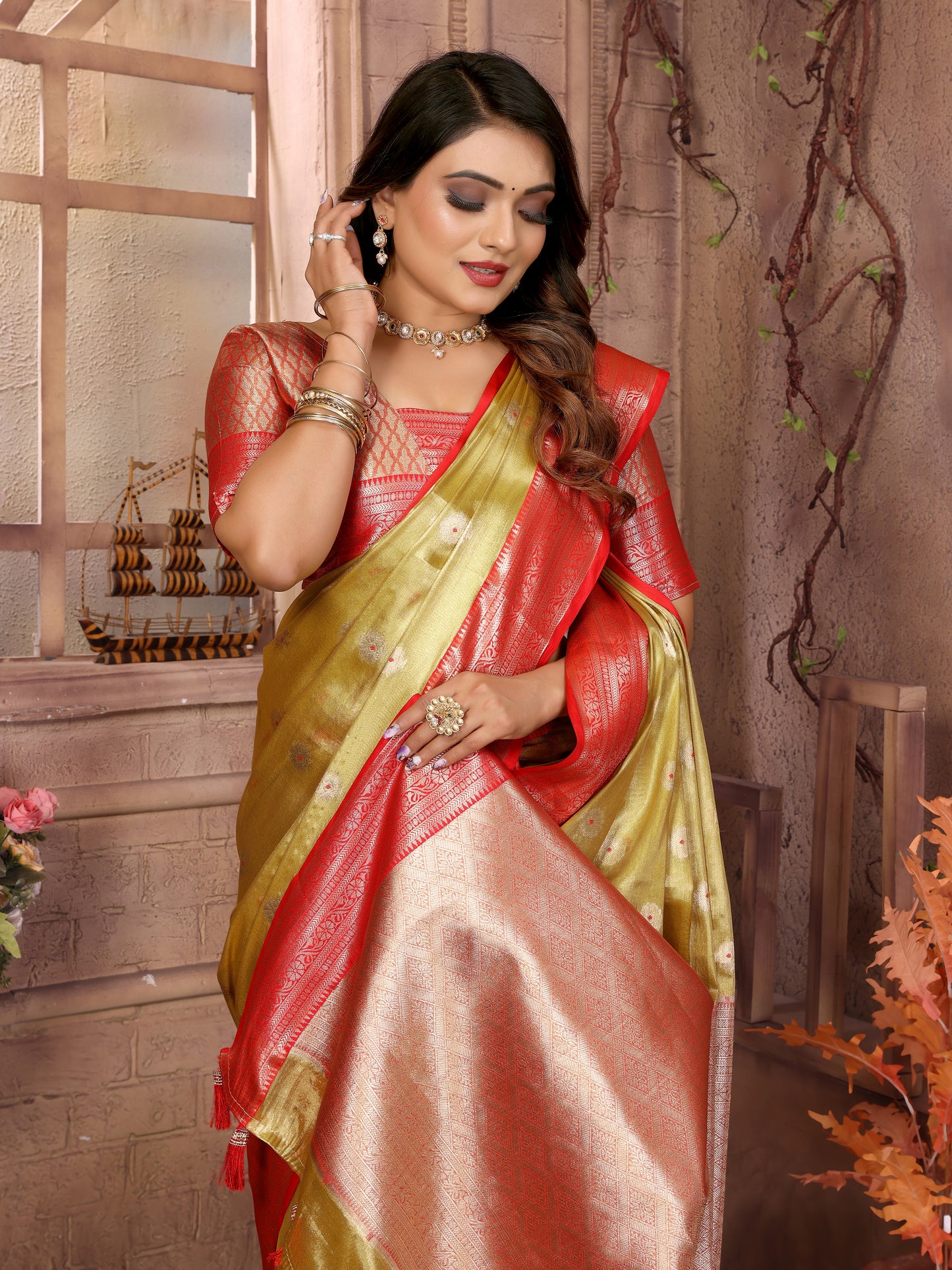 Light Green Anita Handloom Tissue Silk Sarees with Zari Weaving Designs and Zari borders Rich Pallu