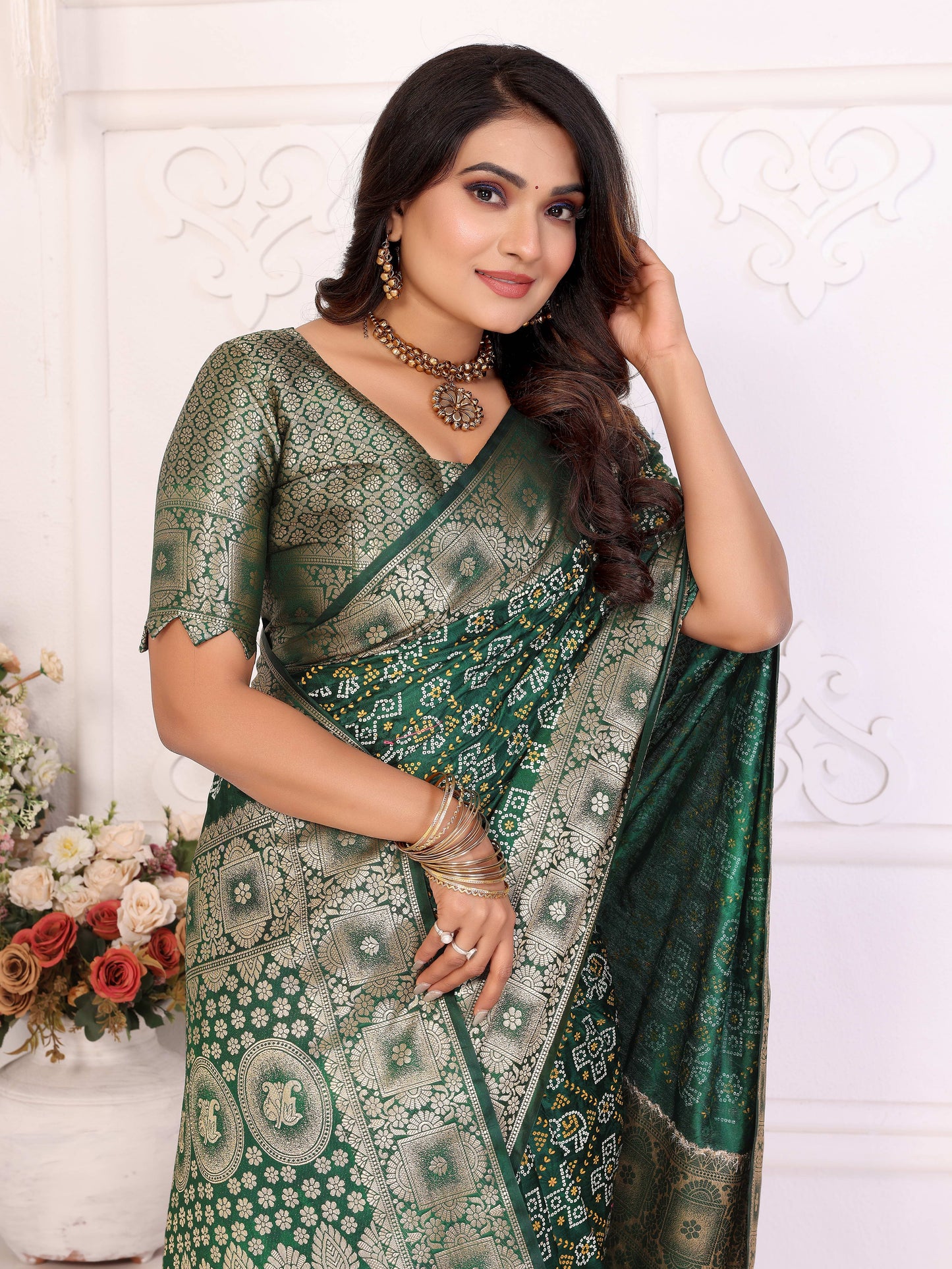 Green Samshira Soft Satin Silk Bandhej Print Saree With Zari Border Design And Having Rich Pallu
