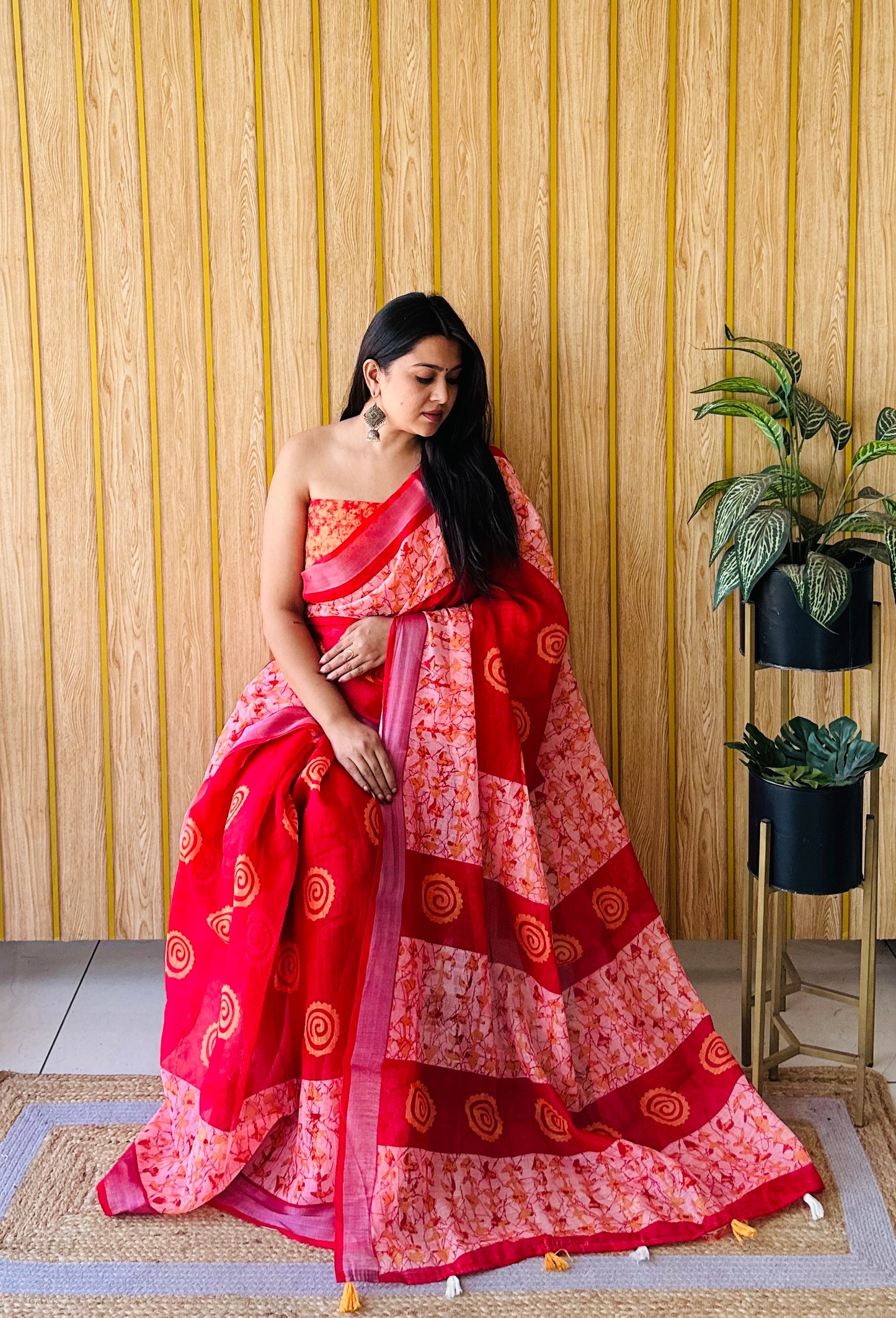 Dark Red Sampurna Soft Linen Cotton Digital Print Saree With Batik Print With Silver Border