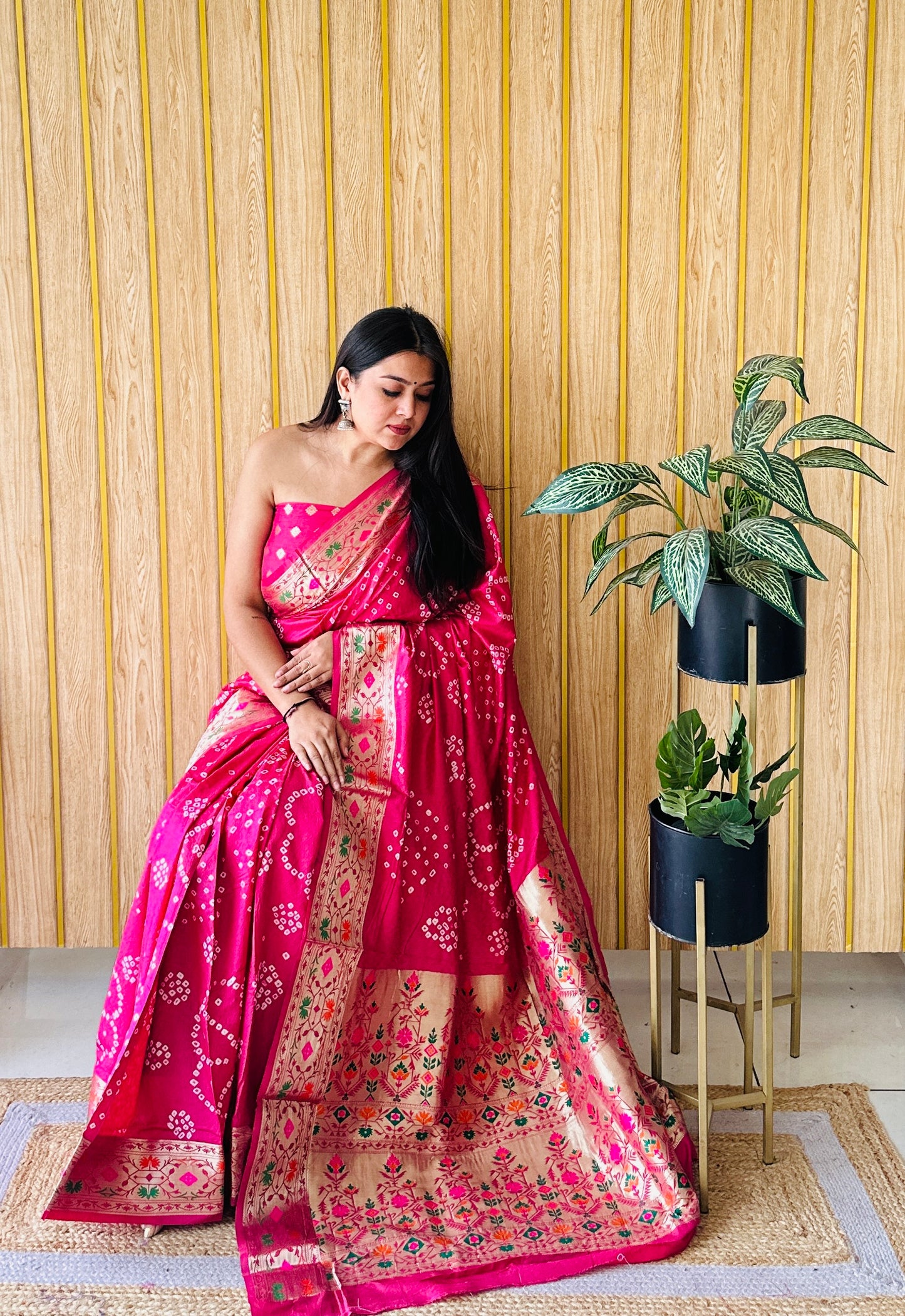 Pink Deewani Pure Bandhej Silk Saree With Patola Border With Zari Weaving Paithani Rich Pallu Saree