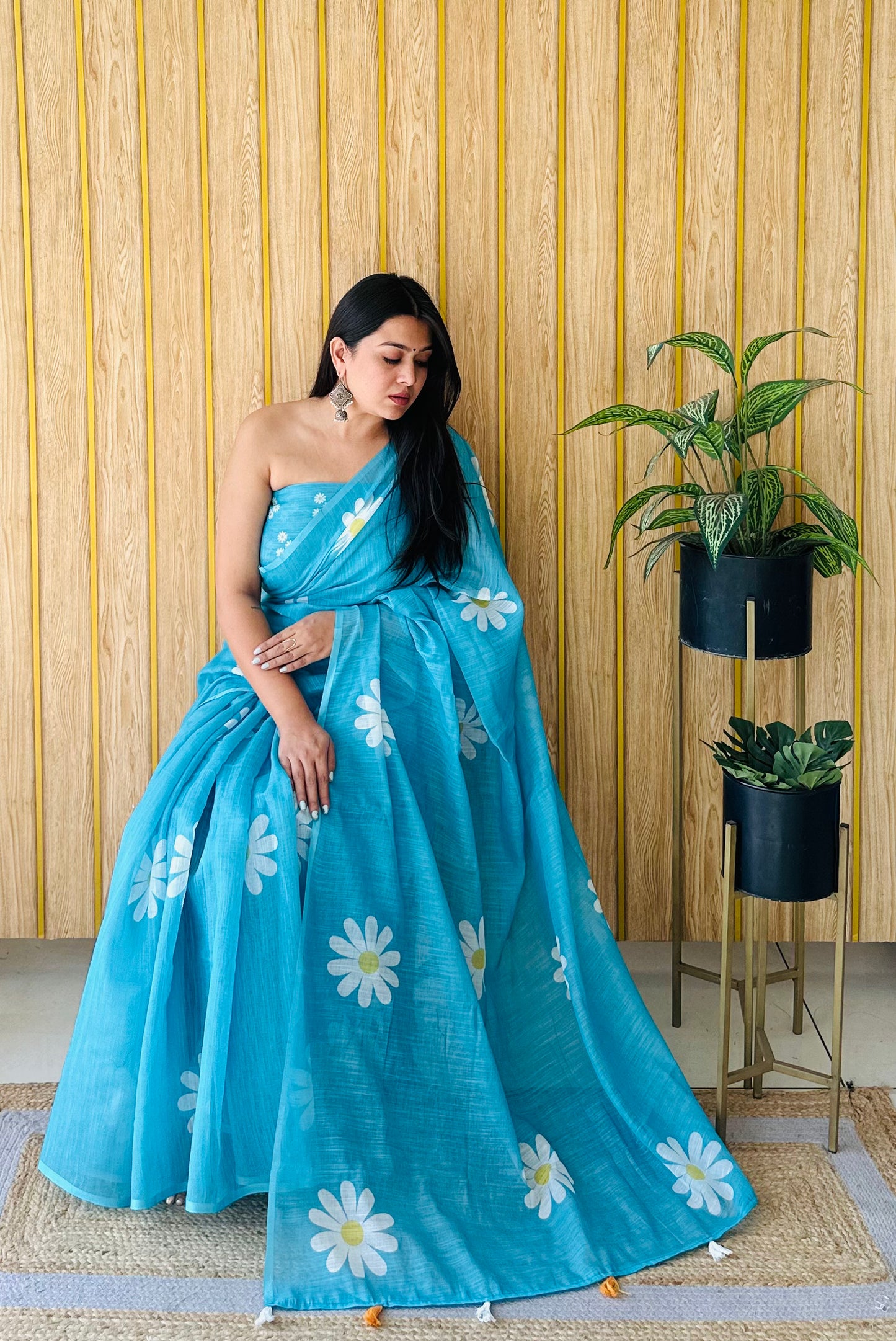 Sky Blue Champa-1 Soft Linen Cotton Digital Print Sarees With Flower Print & Printed Pallu