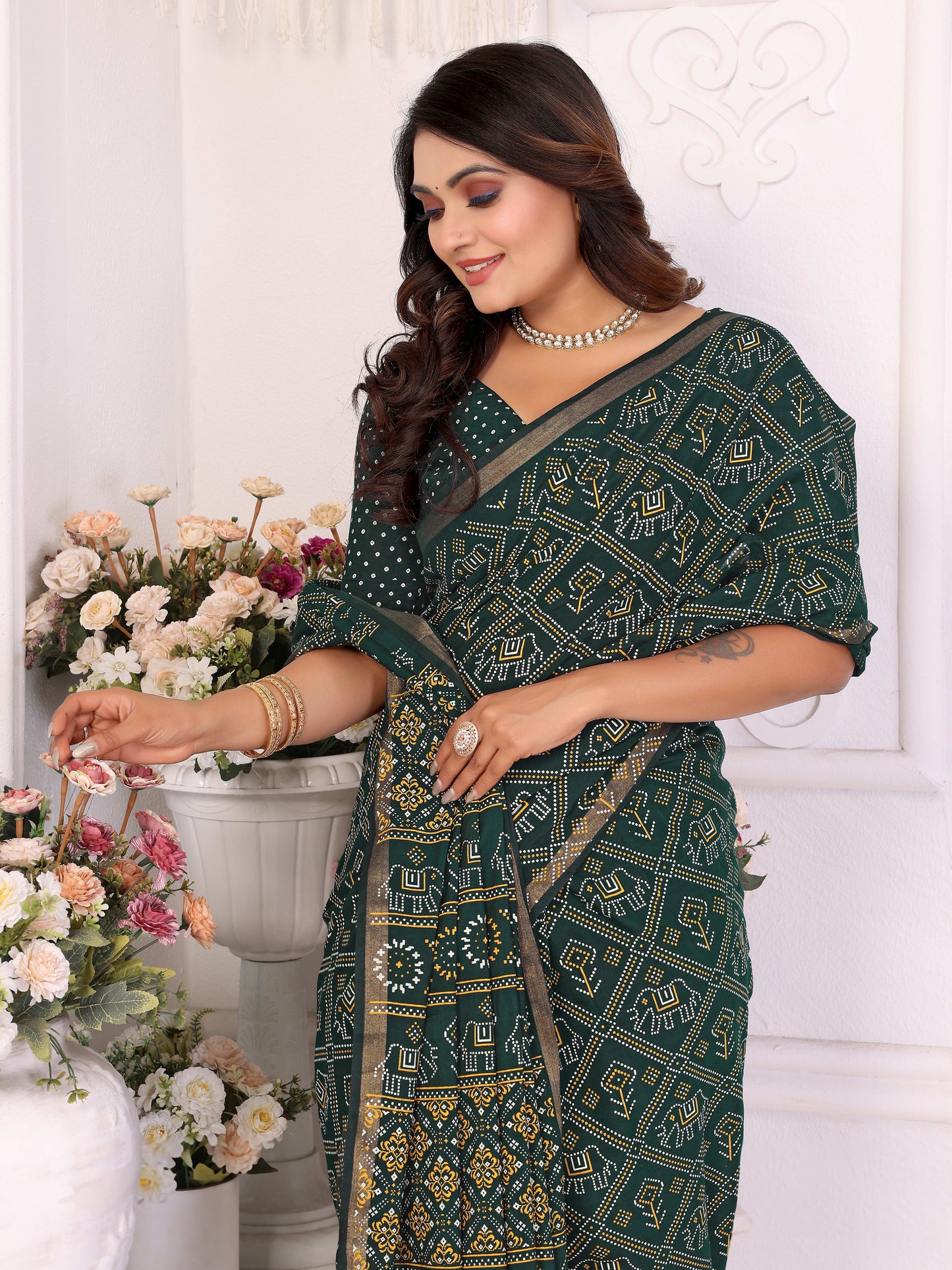 Green Ambika Pure Patola And Bandhej Pattern Soft Cotton Light Weight Saree