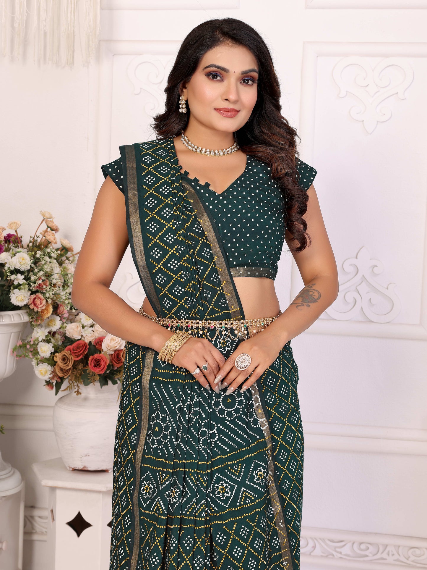 Green Amba Pure Patola And Bandhej Pattern Soft Cotton Light Weight Saree