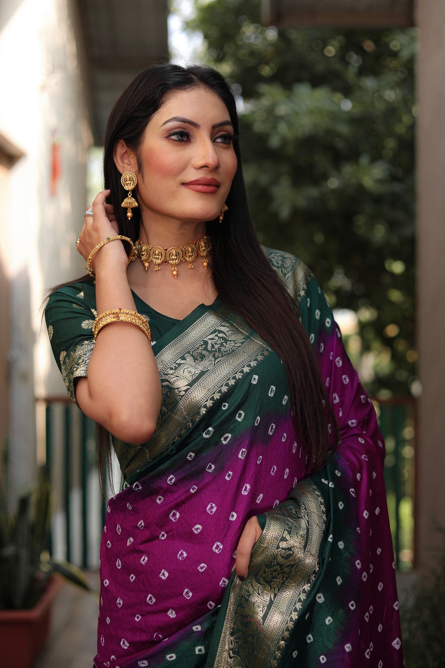 Purple Vahini Pure Bandhej Silk Saree With Bandhej Border & Zari Weaving Rich Tissue Pallu