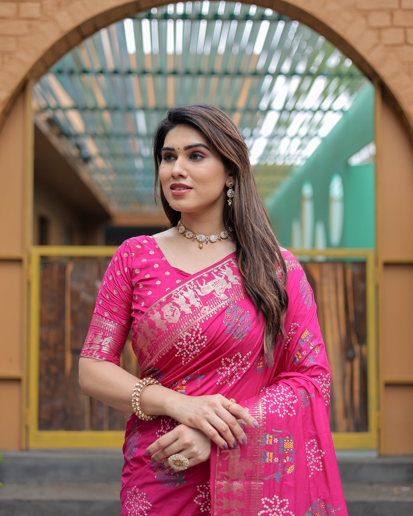 Pink Mastani Soft Dola Silk Bandhej Print Sarees With Kanchi Weaving Border And Allover Zari Border