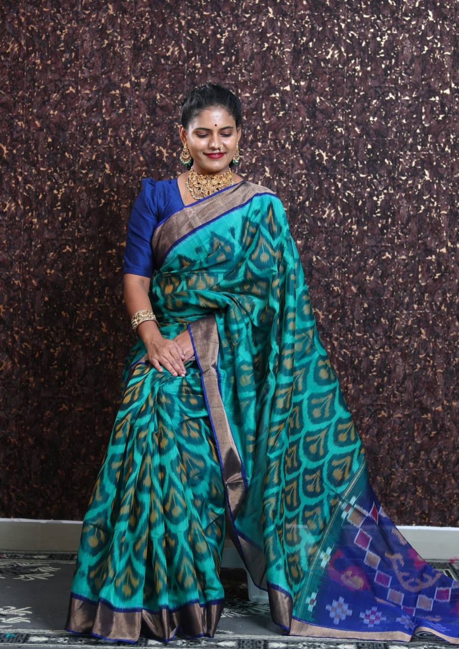 Green Pramila Soft Cotton Silk Saree Patola Digital Print With Golden Border & Digital Printed