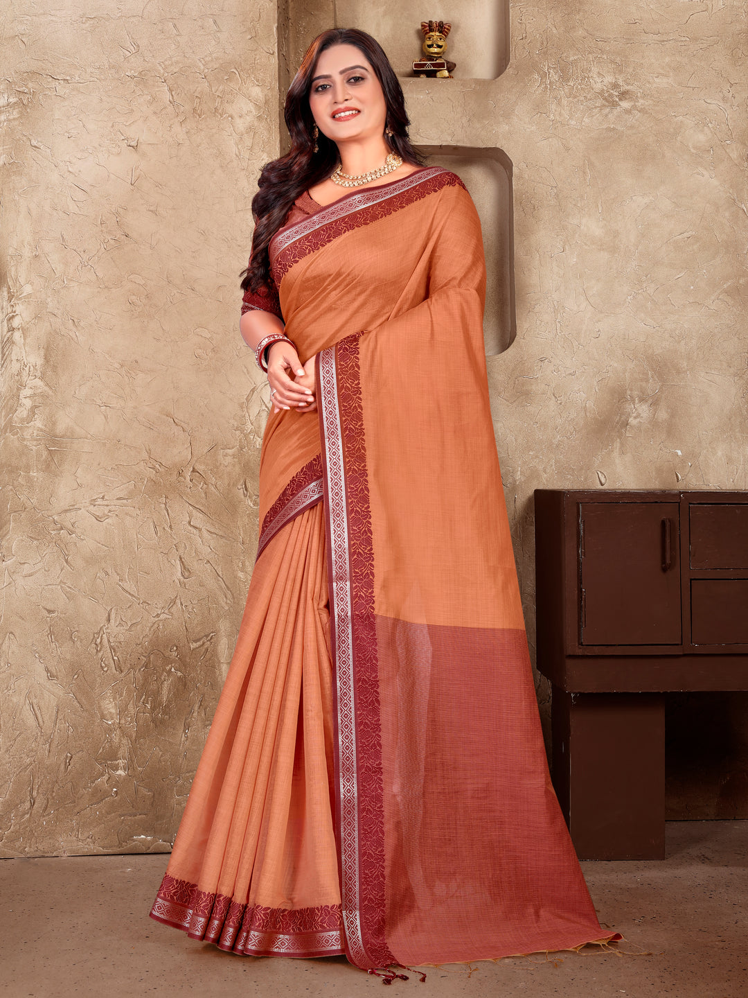 Orange Mohini-1 Linen Soft Silk Saree That Has Shine And Shimmer,Sheer Skin With Kanjivaram Border