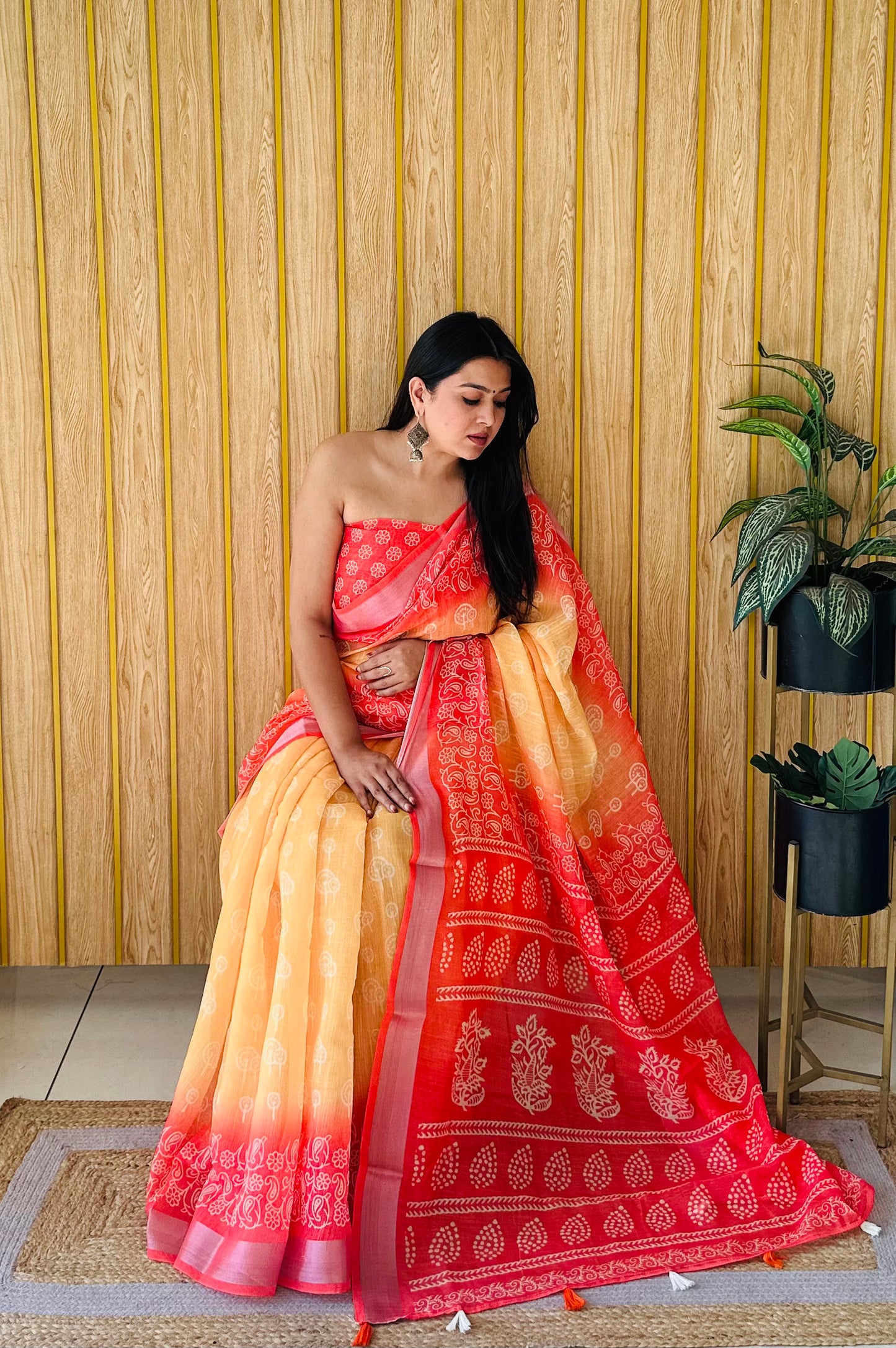 Yellow Khushboo Soft Linen Cotton Digital Print Sarees With Batik Print With Silver Border