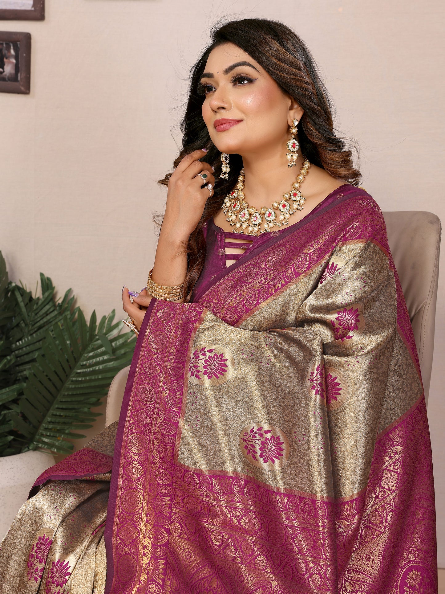 Wine Mahek Handloom Tissue Silk Sarees with Zari Weaving and Contrast Zari borders