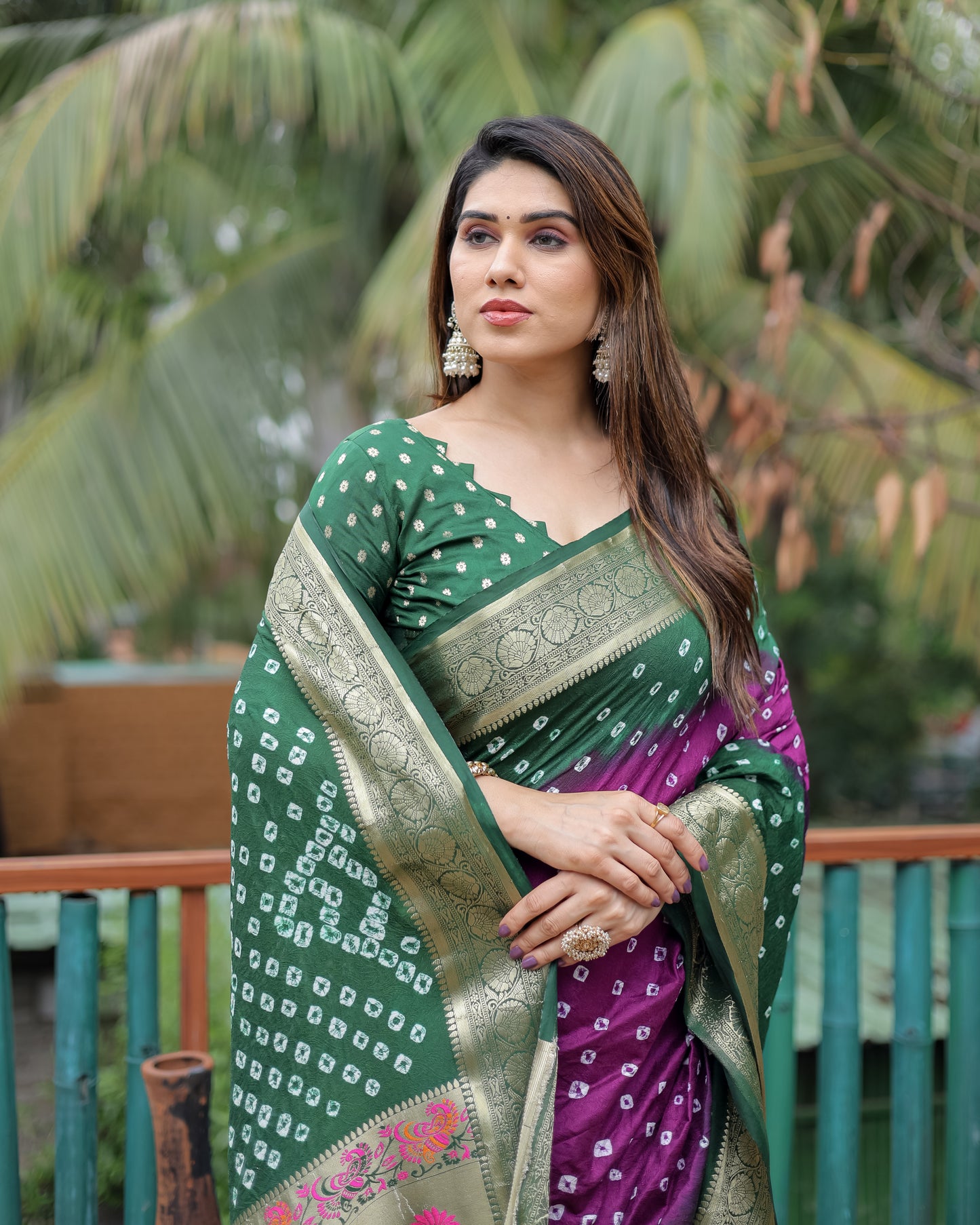 Purple Devika Dola Soft Silk Bandhej Sarees Jari Paithani Weaving Border & Weaving Paithani Style Rich Pallu