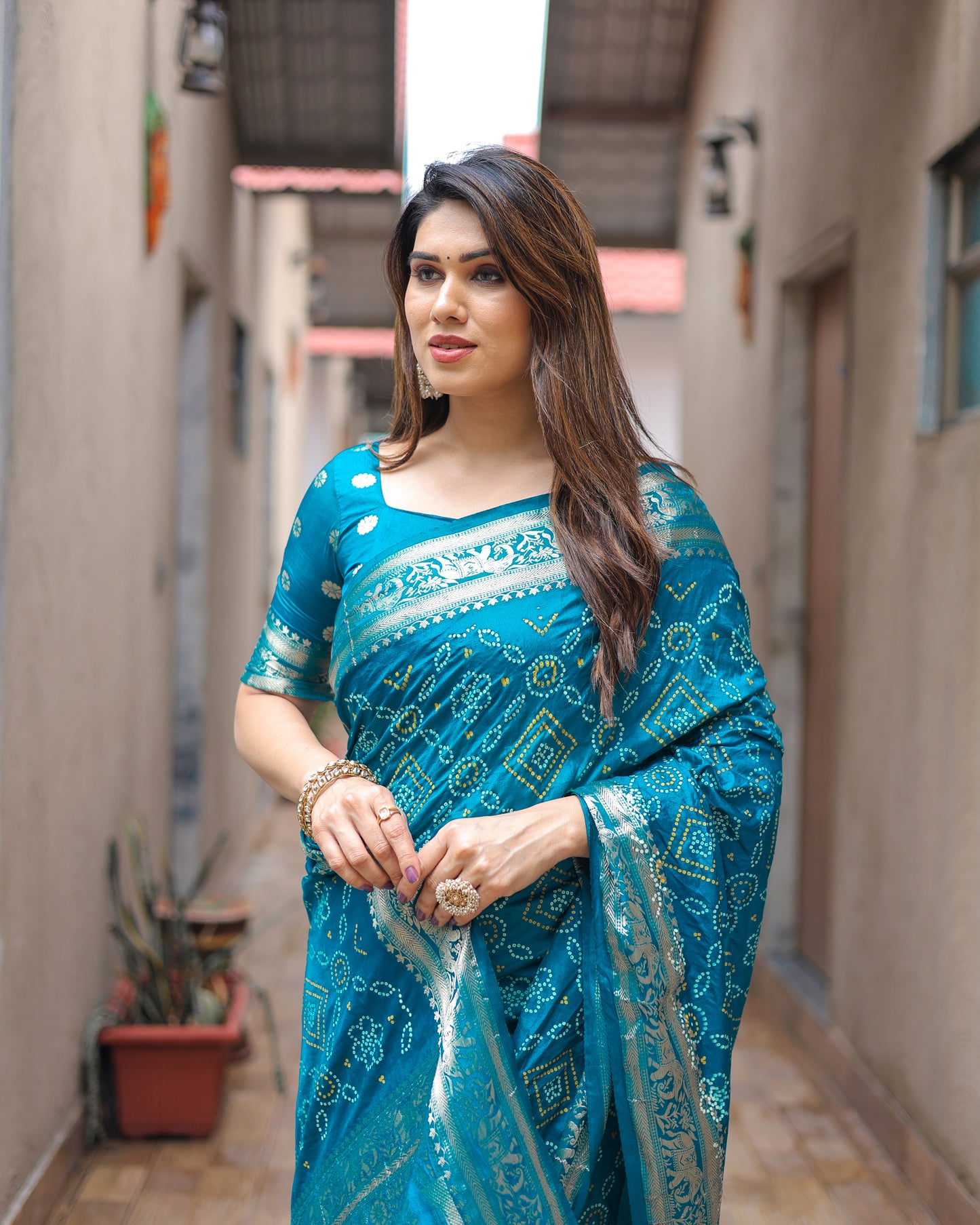 Sky Pushpavati Soft Dola Silk Bandhej Sarees With Kanchi Weaving Border With Multicolour Bandhej Block Print Design