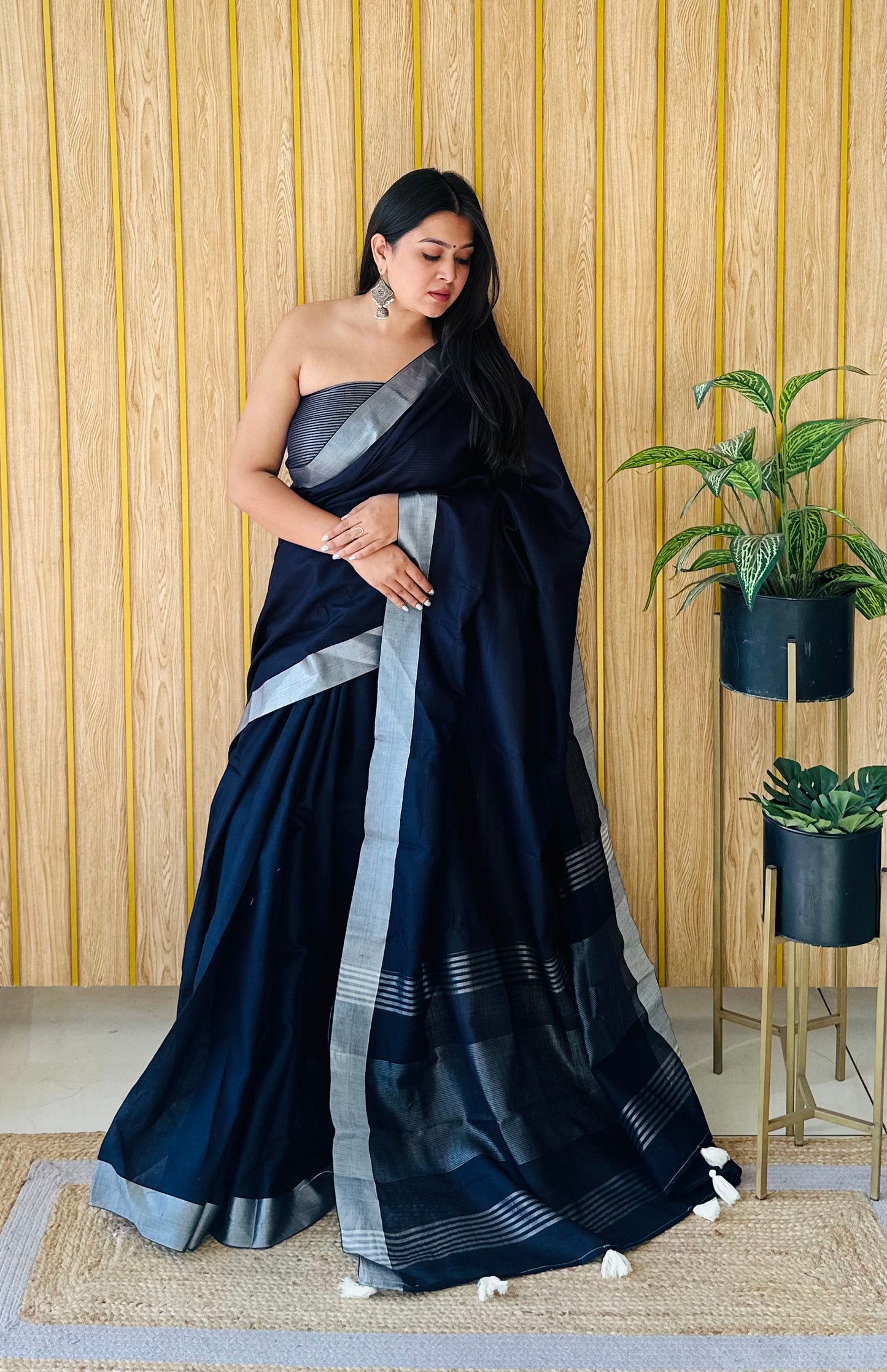 Navy Blue Amanat Beauty Soft Leaf Linen By Cotton Saree With Silver Jari Border And Silver Border Blouse